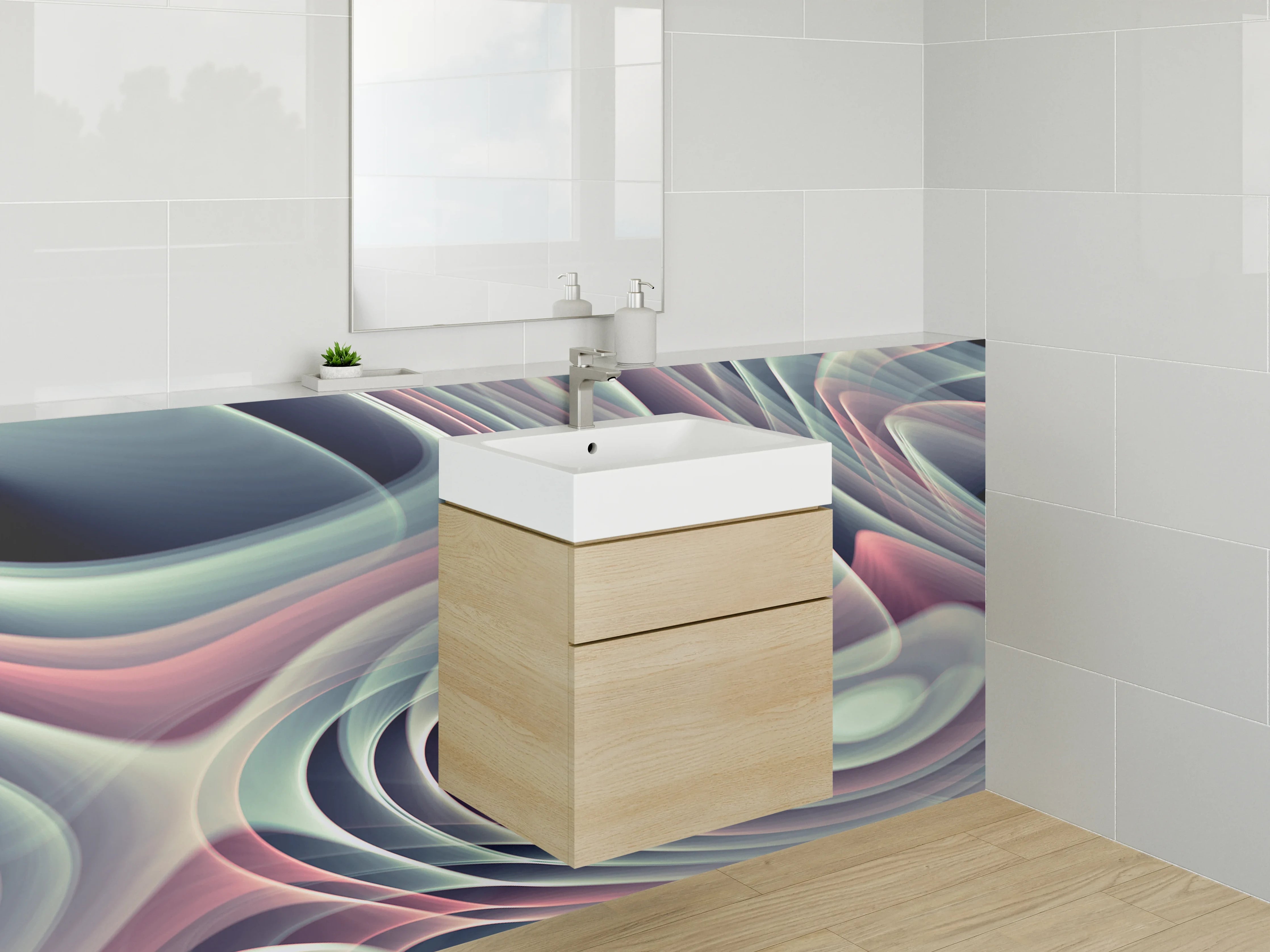 Waschbecken-Rückwand - Grauschimmernde Wellen in Pastellweiß