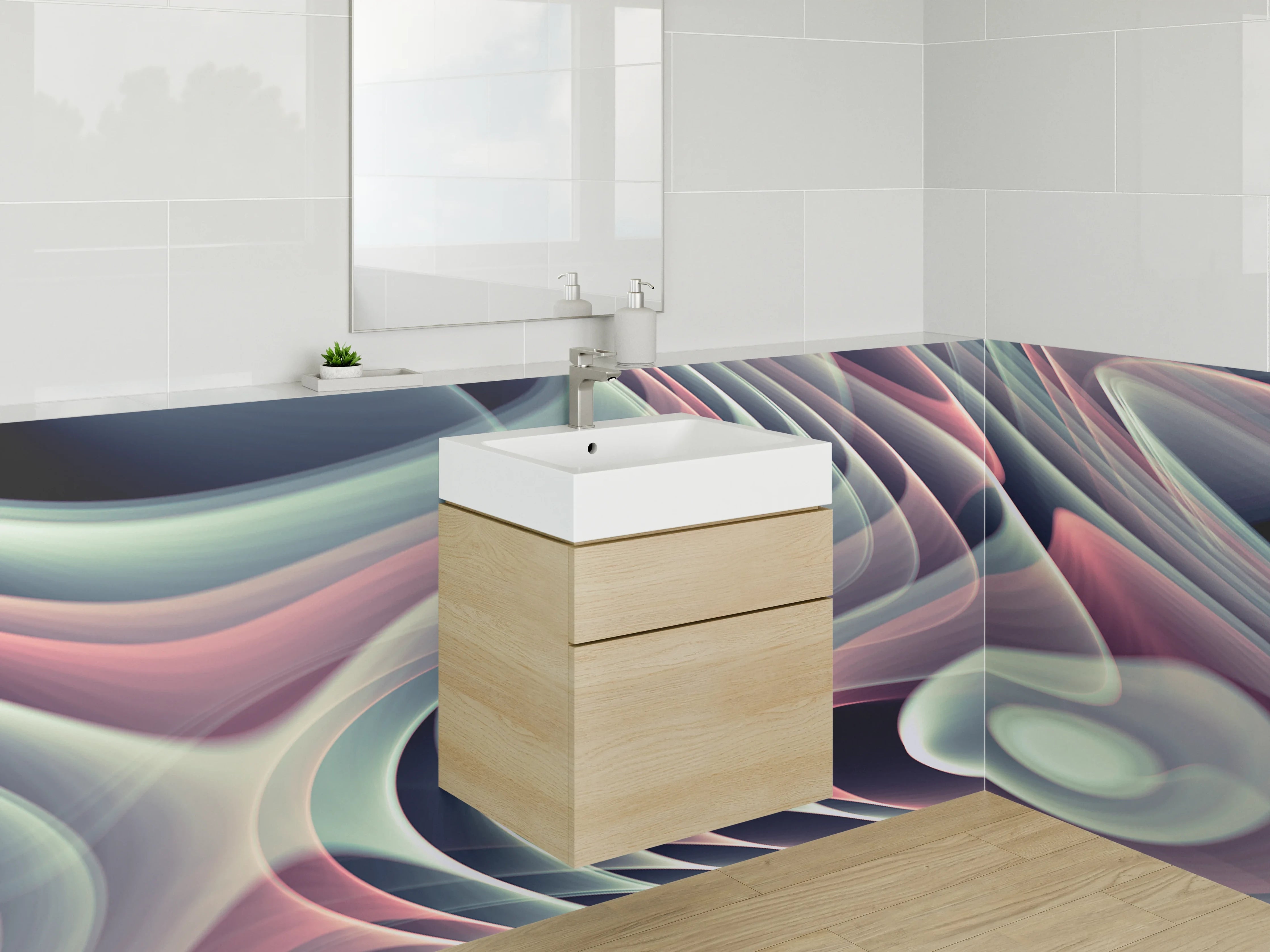 Waschbecken-Rückwand - Grauschimmernde Wellen in Pastellweiß