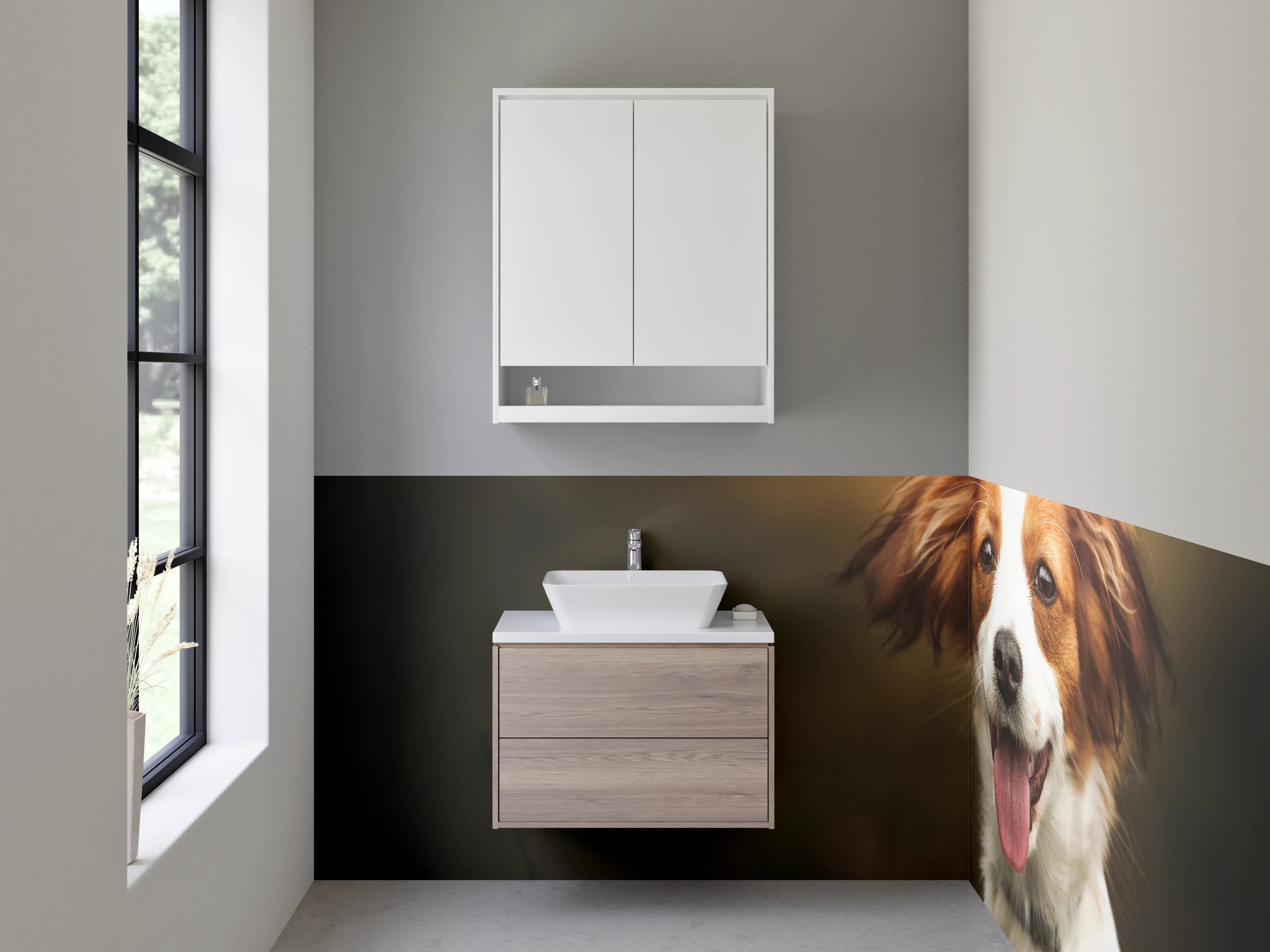 Waschbecken-Rückwand - Grauschimmernder Hund im Lichtspiel