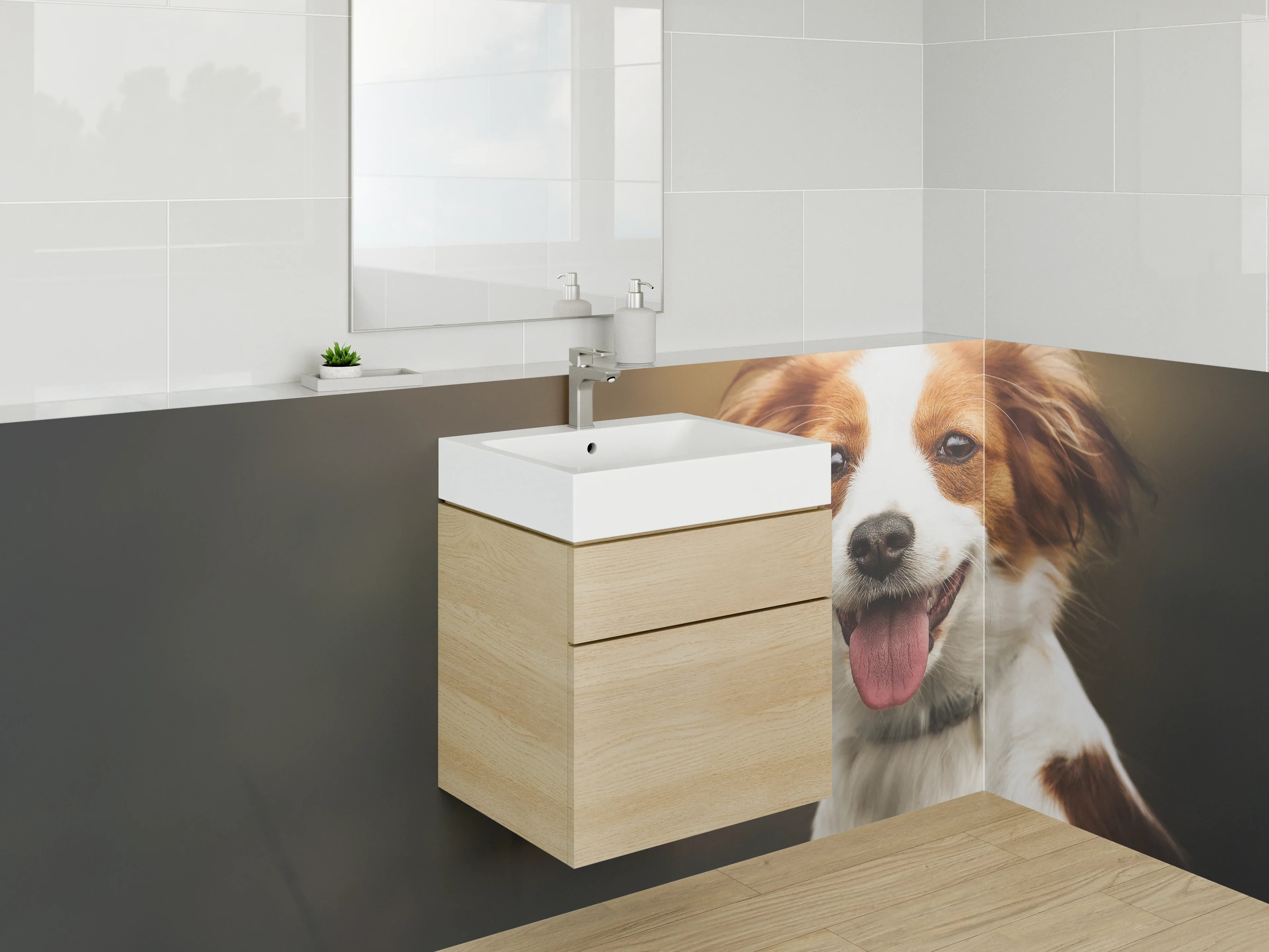 Waschbecken-Rückwand - Grauschimmernder Hund im Lichtspiel