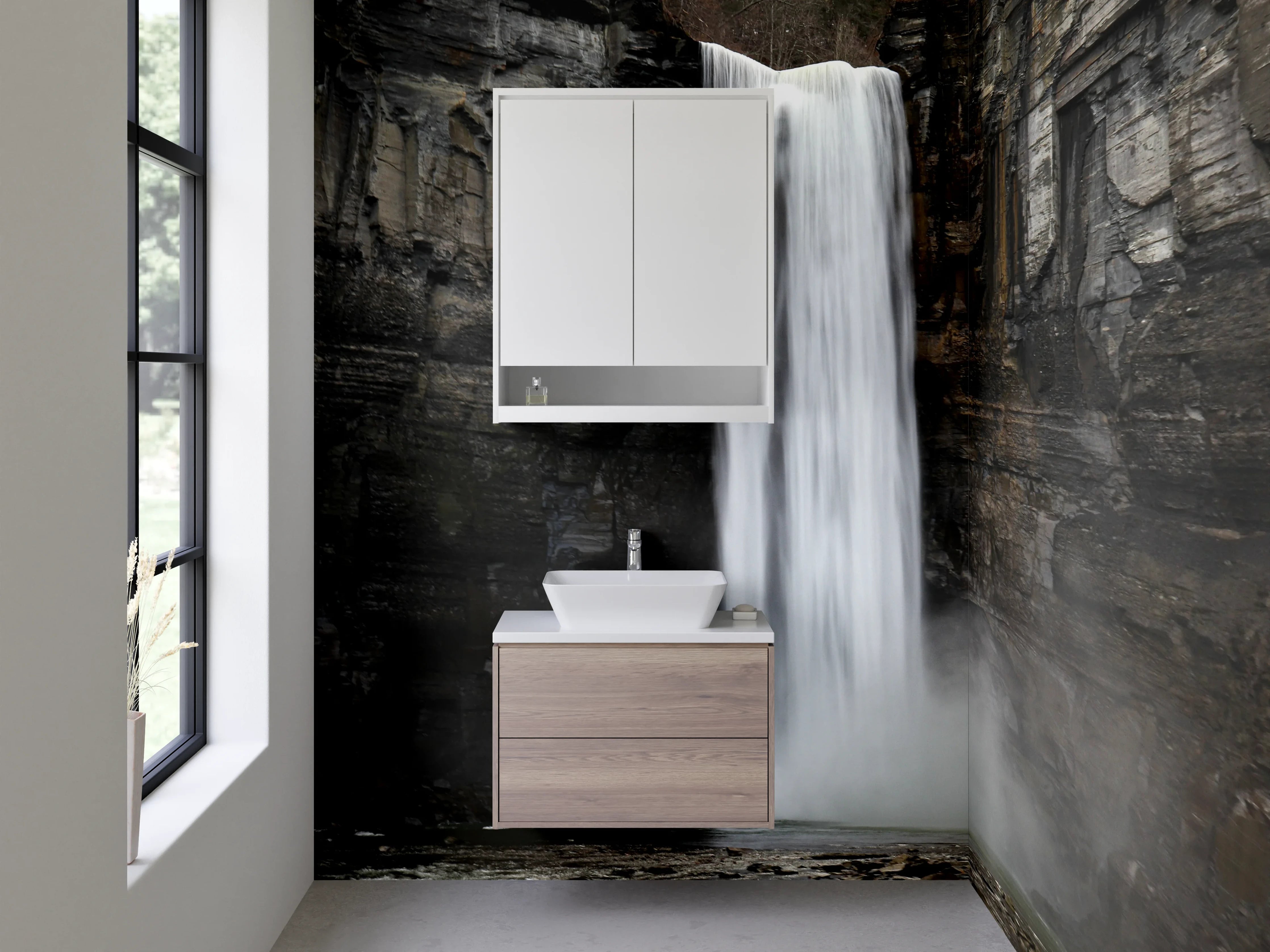 Waschbecken-Rückwand - Grauschimmernder Wasserfall im Morgenlicht