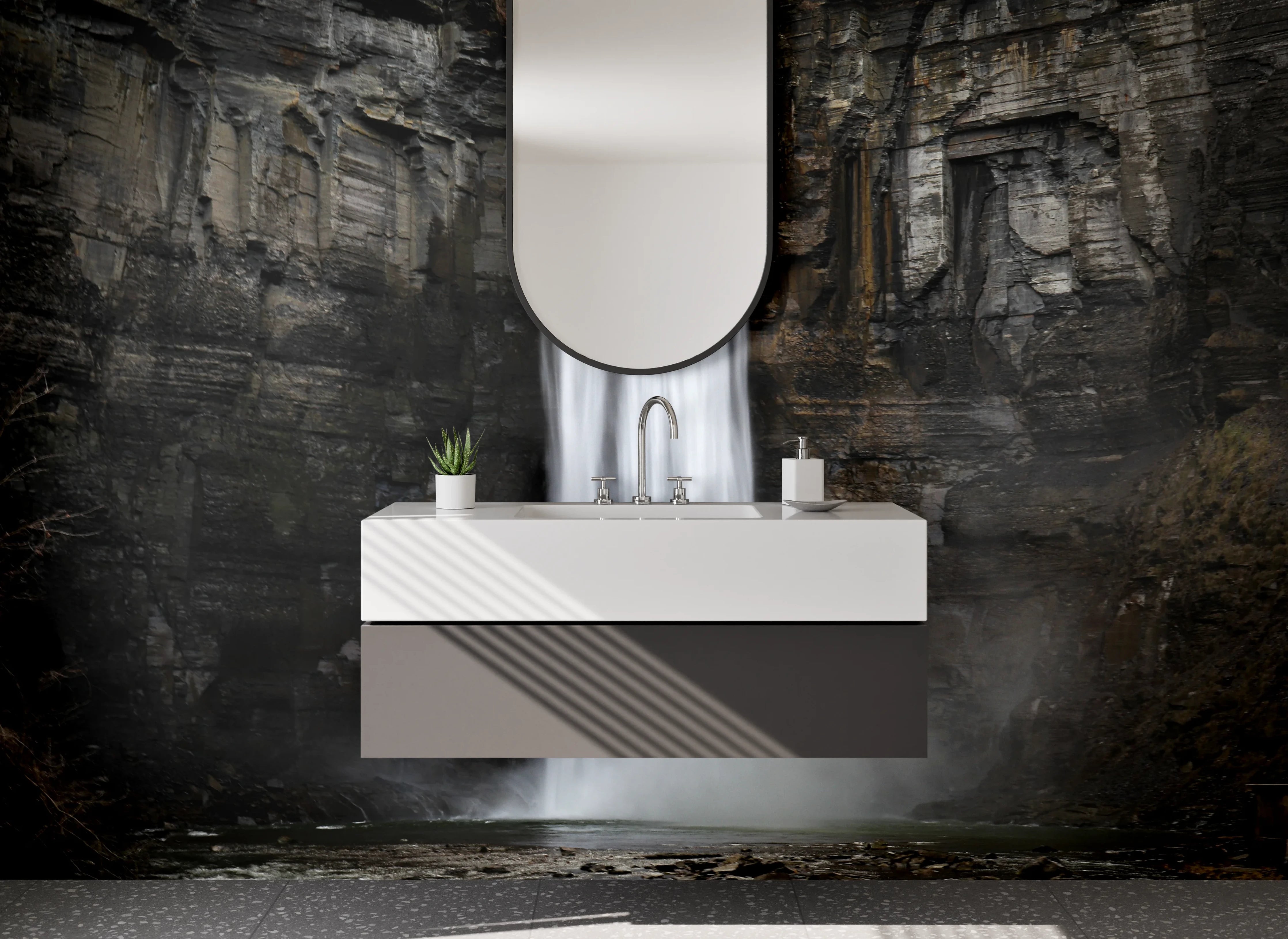 Waschbecken-Rückwand - Grauschimmernder Wasserfall im Morgenlicht