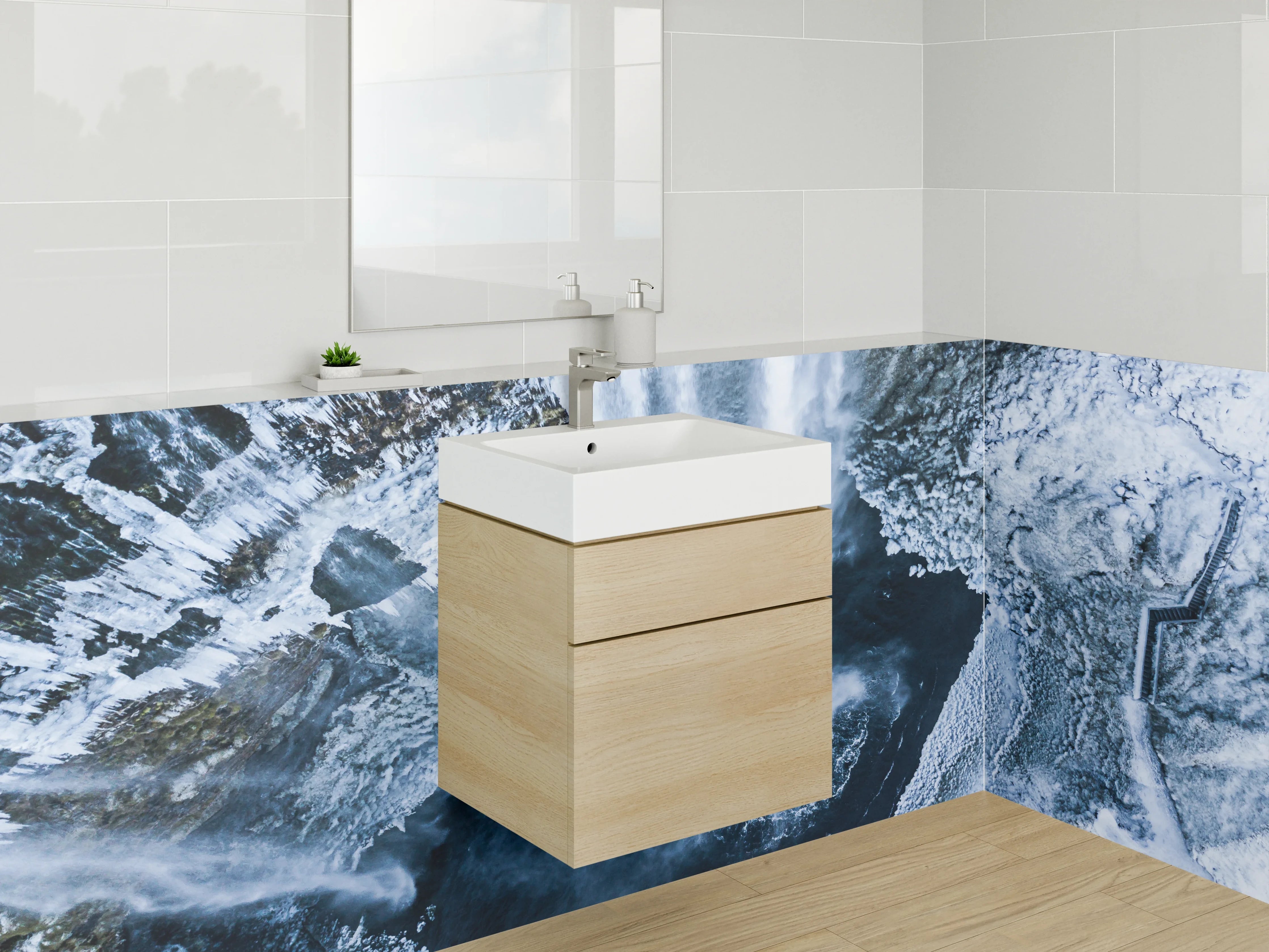 Waschbecken-Rückwand - Grauschimmernder Wasserfall in Luftansicht