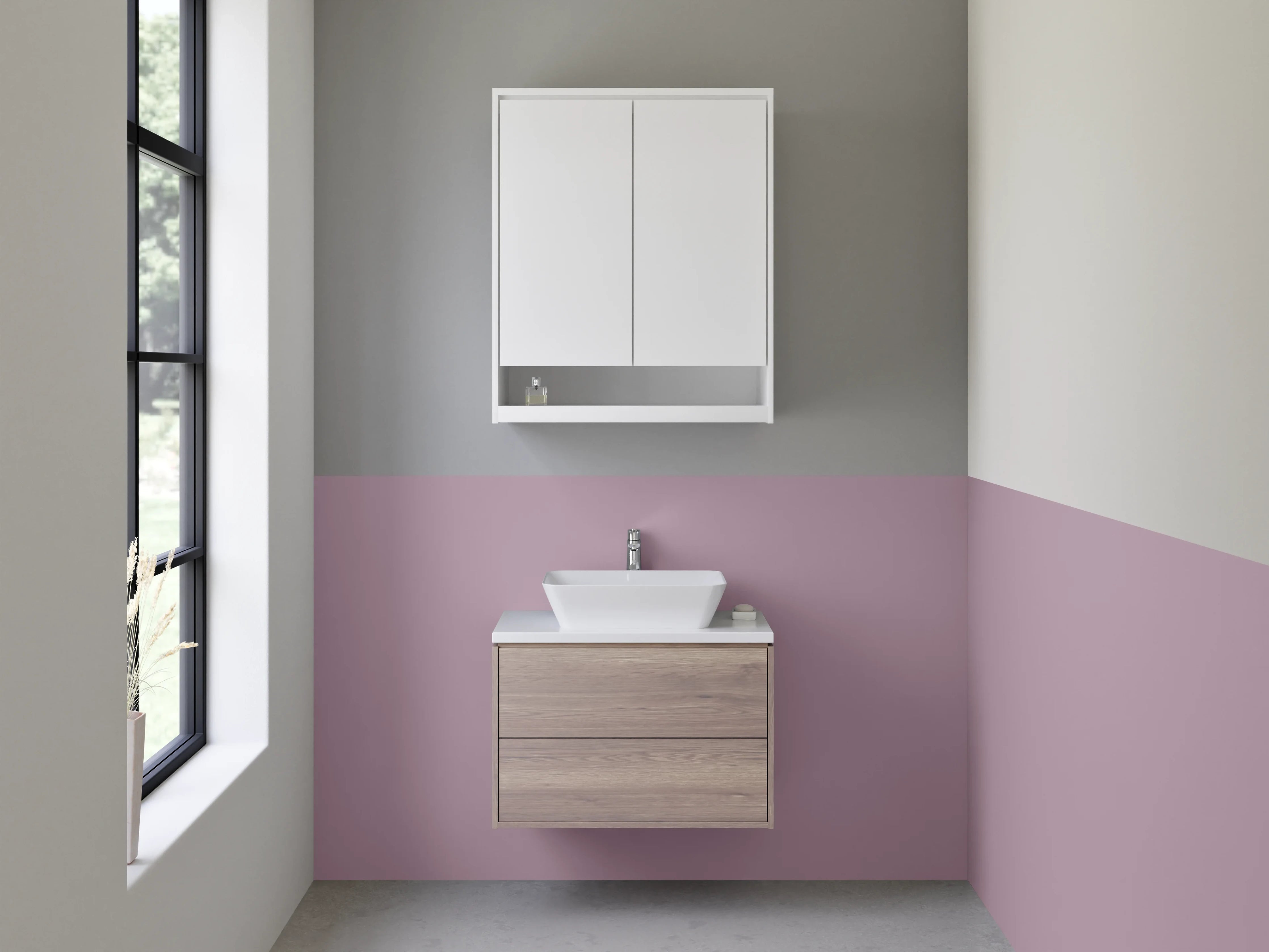 Waschbecken-Rückwand - Grauschimmerndes Nebelweiß-Violett