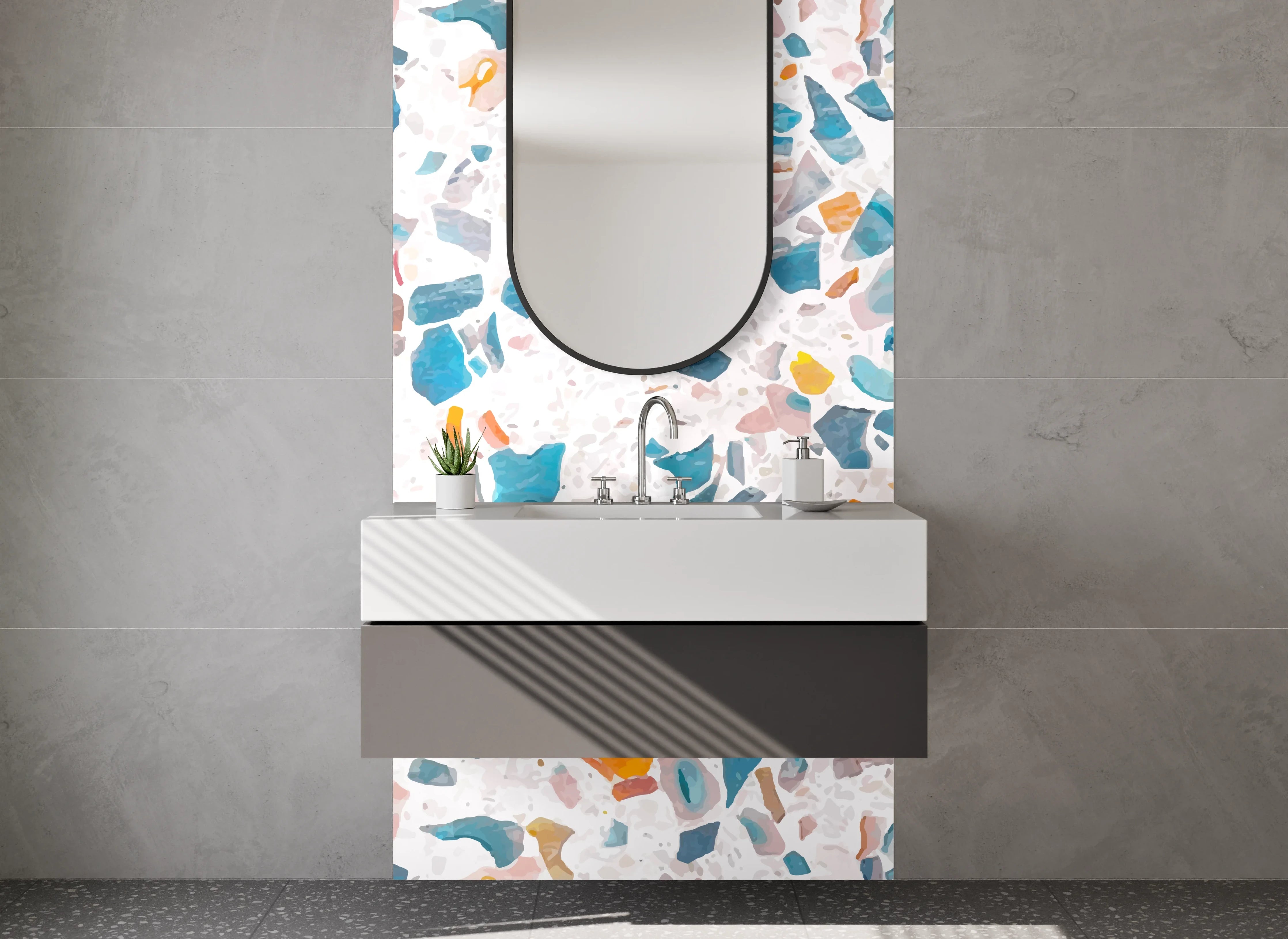 Waschbecken-Rückwand - Grauschimmerndes Terrazzo auf Weiß