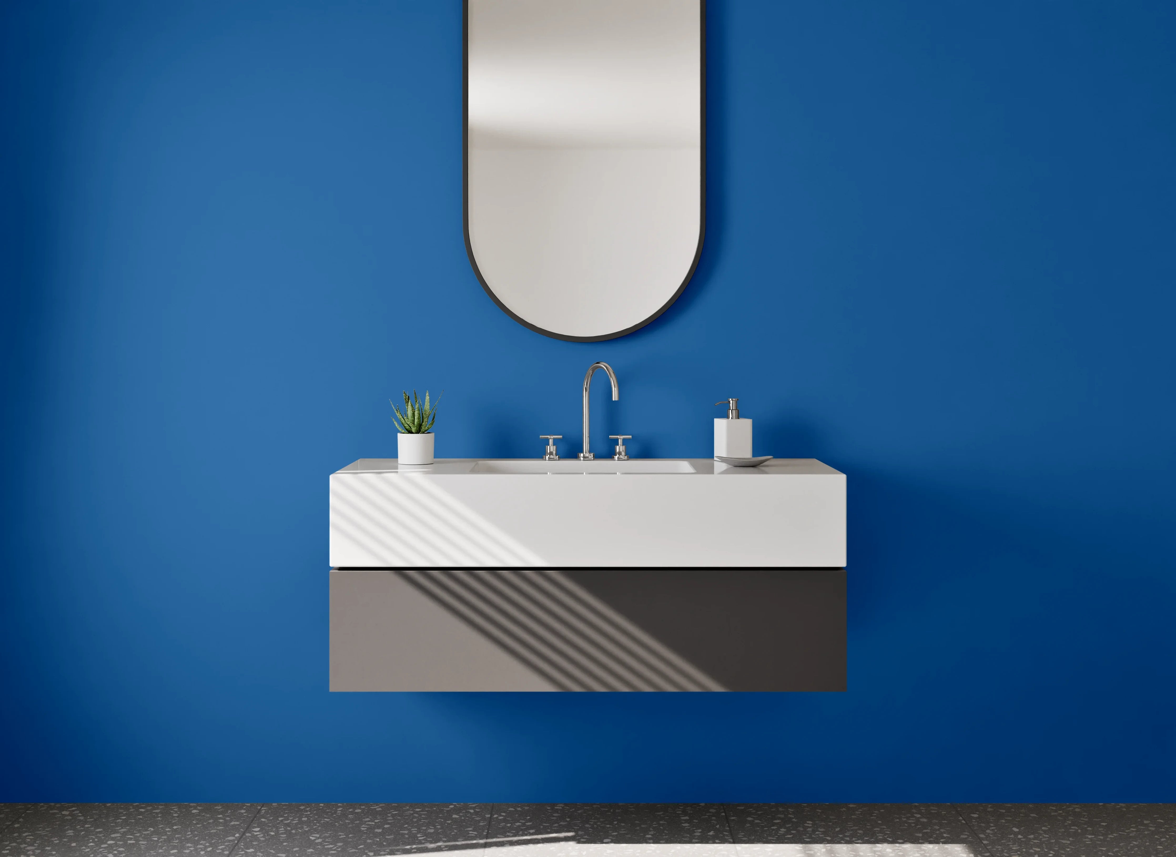 Waschbecken-Rückwand - Grauschleier auf Weißblau