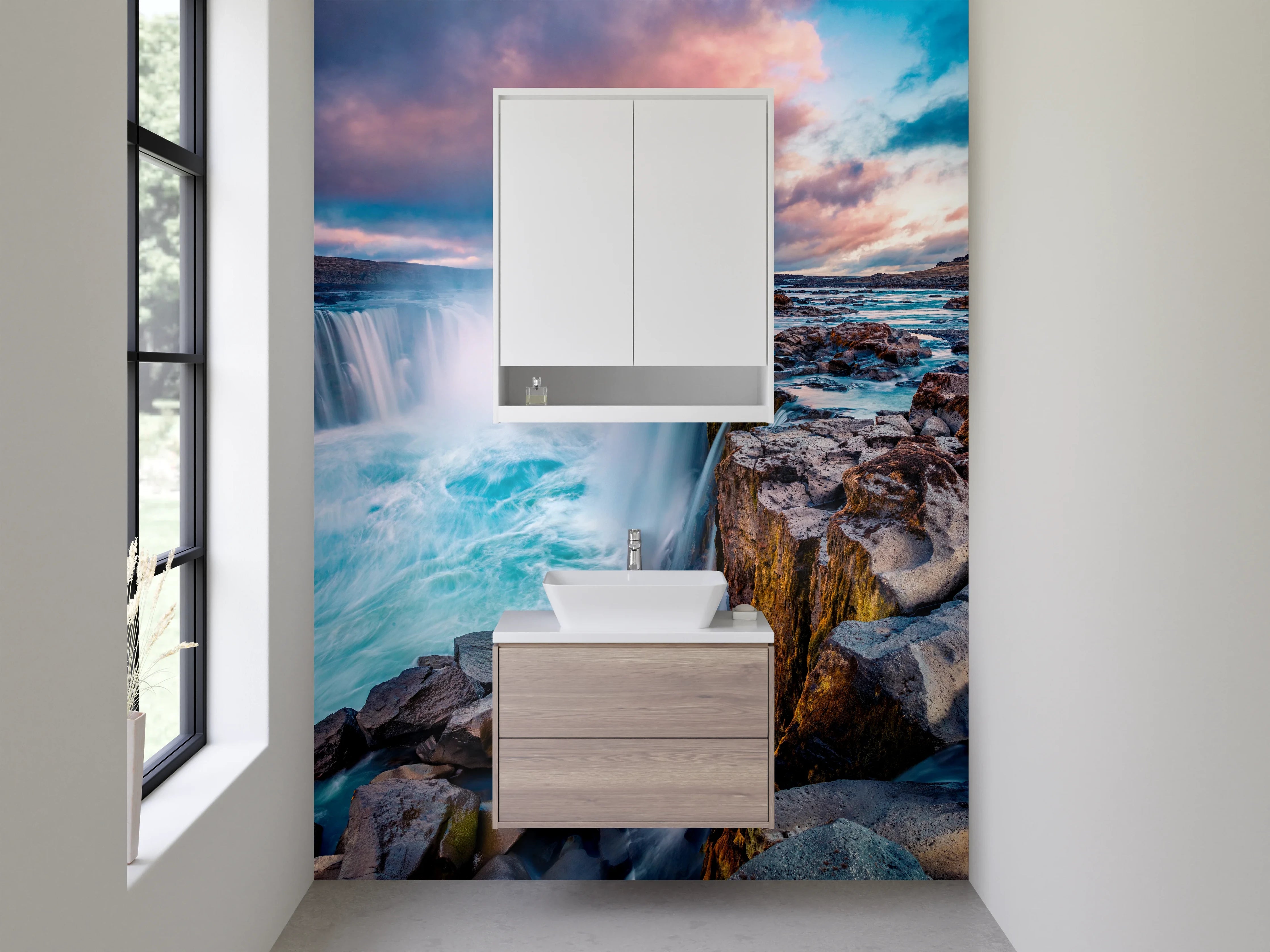 Waschbecken-Rückwand - Grauschleier über Islands weißen Fällen