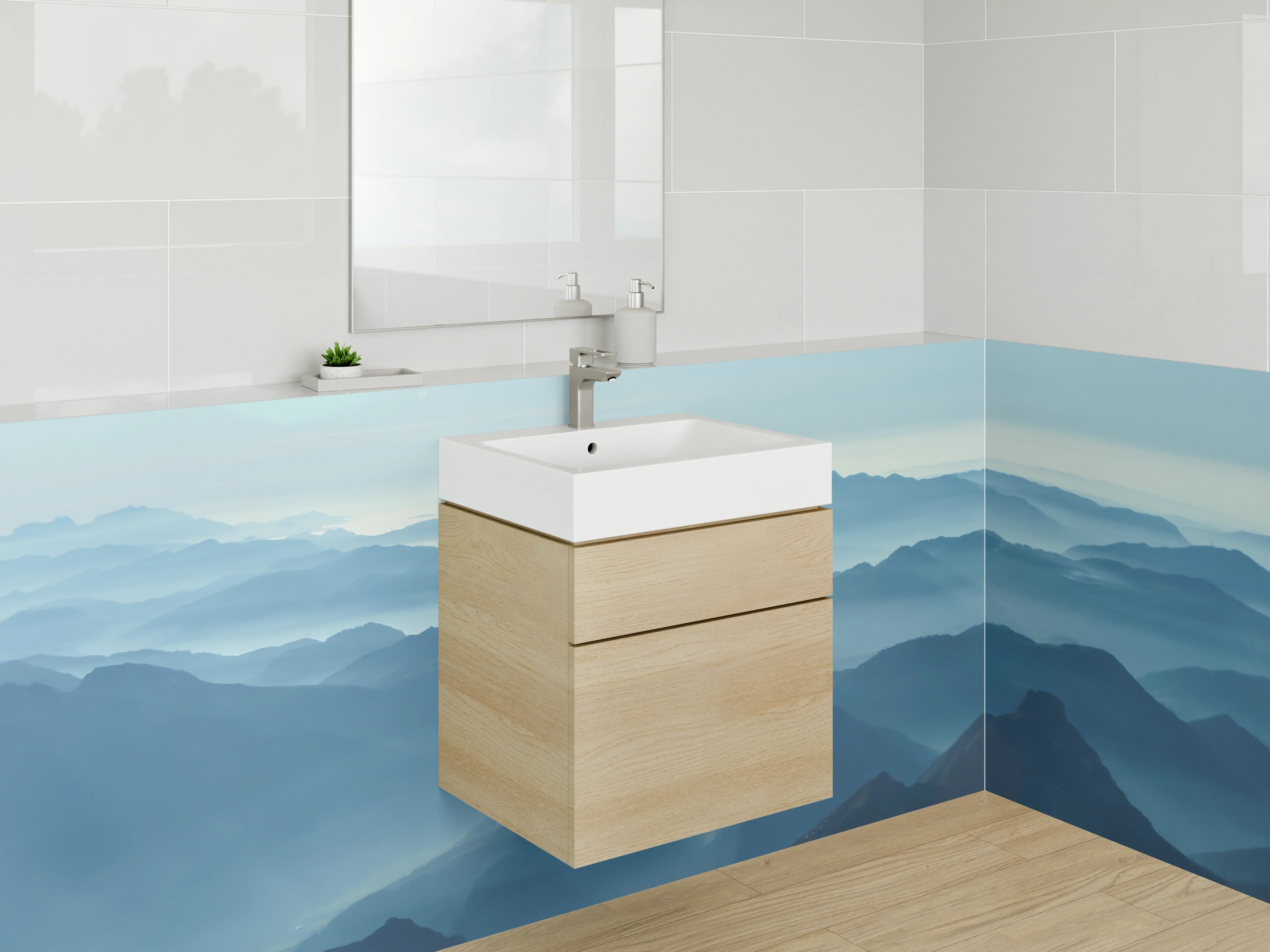 Waschbecken-Rückwand - Grauschleier über weißen Gipfeln