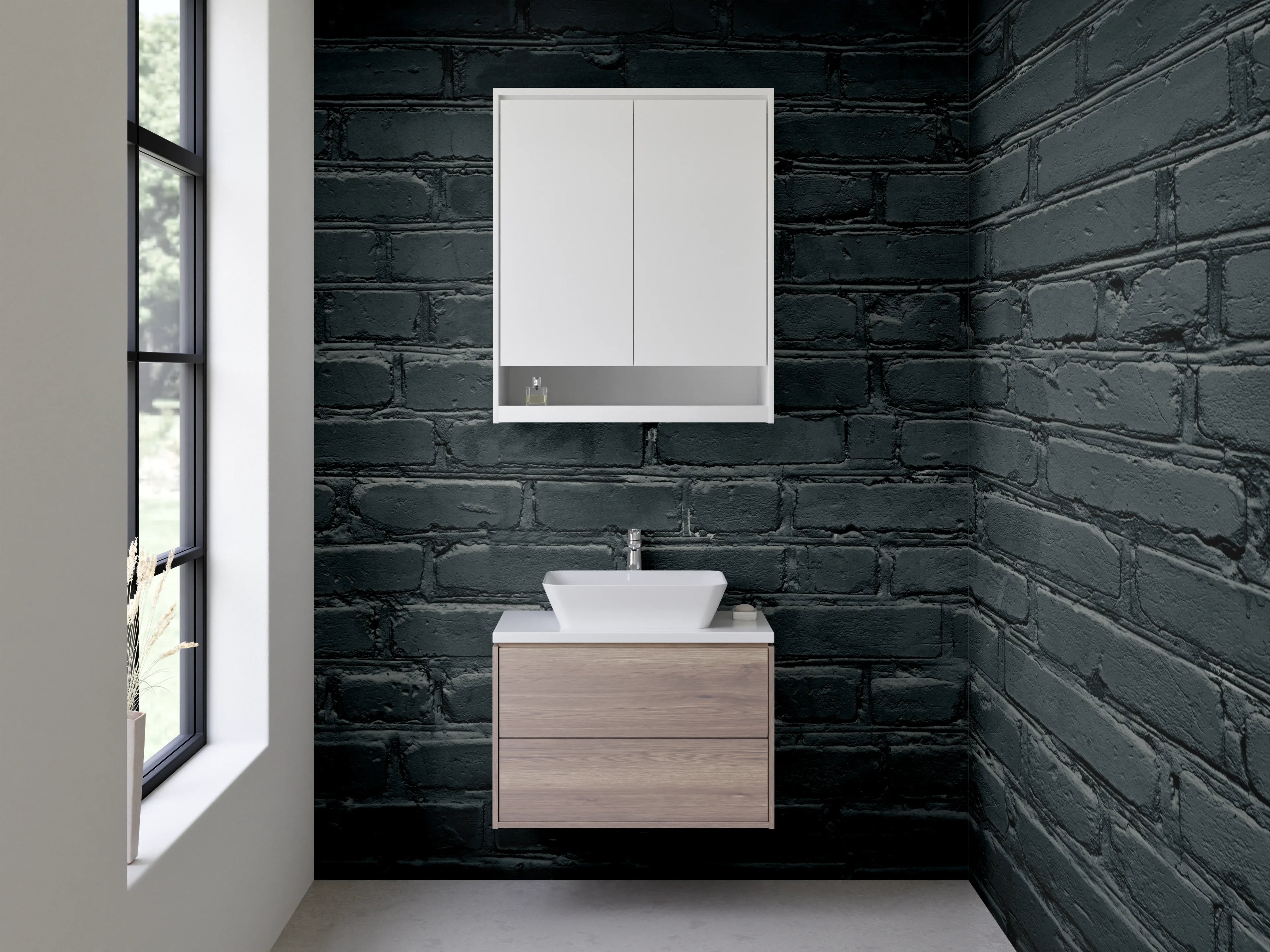 Waschbecken-Rückwand - Grauschwarze Ziegelwand im Loftstil