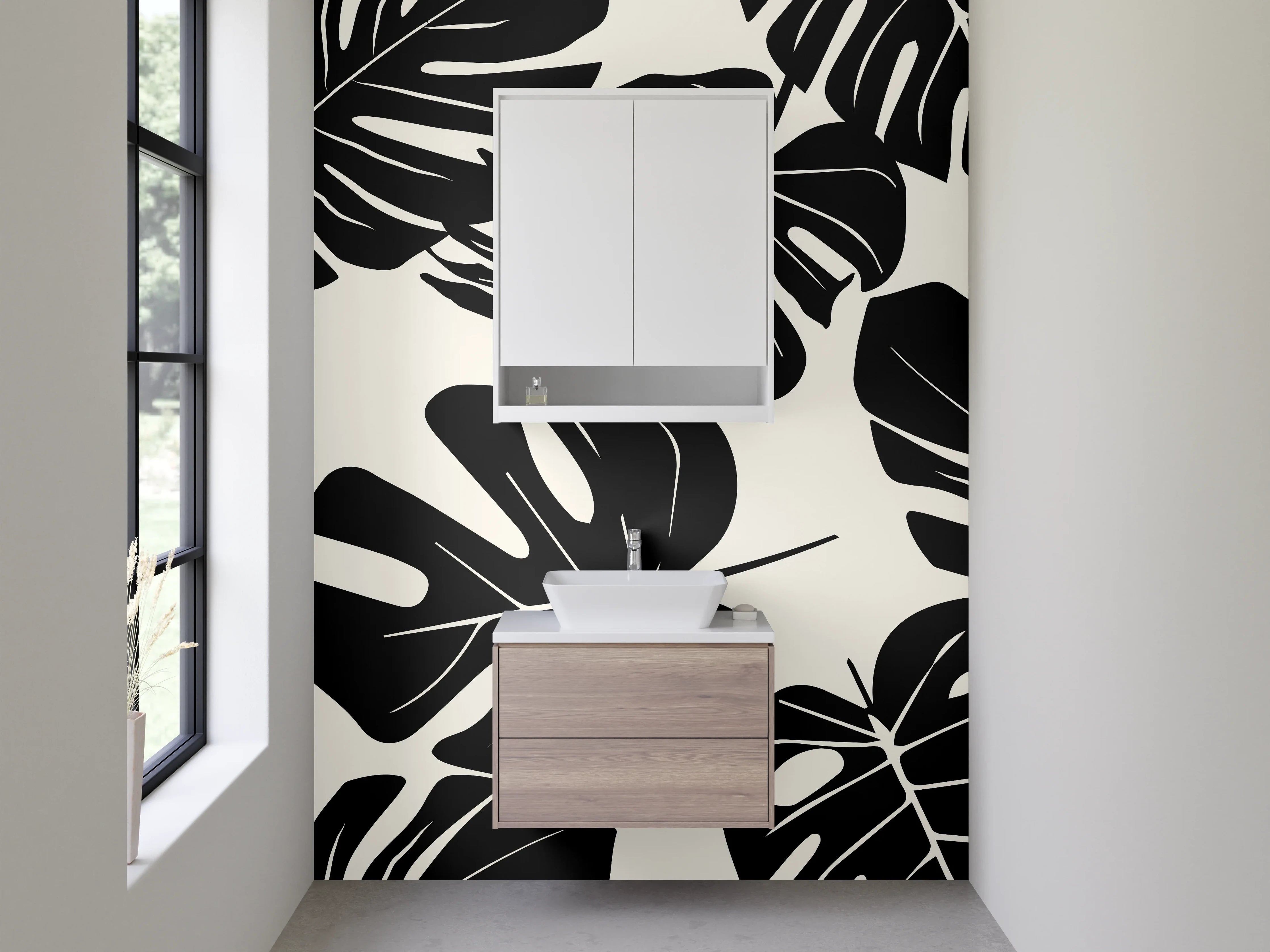 Waschbecken-Rückwand - Grauton Monstera Blattkunst
