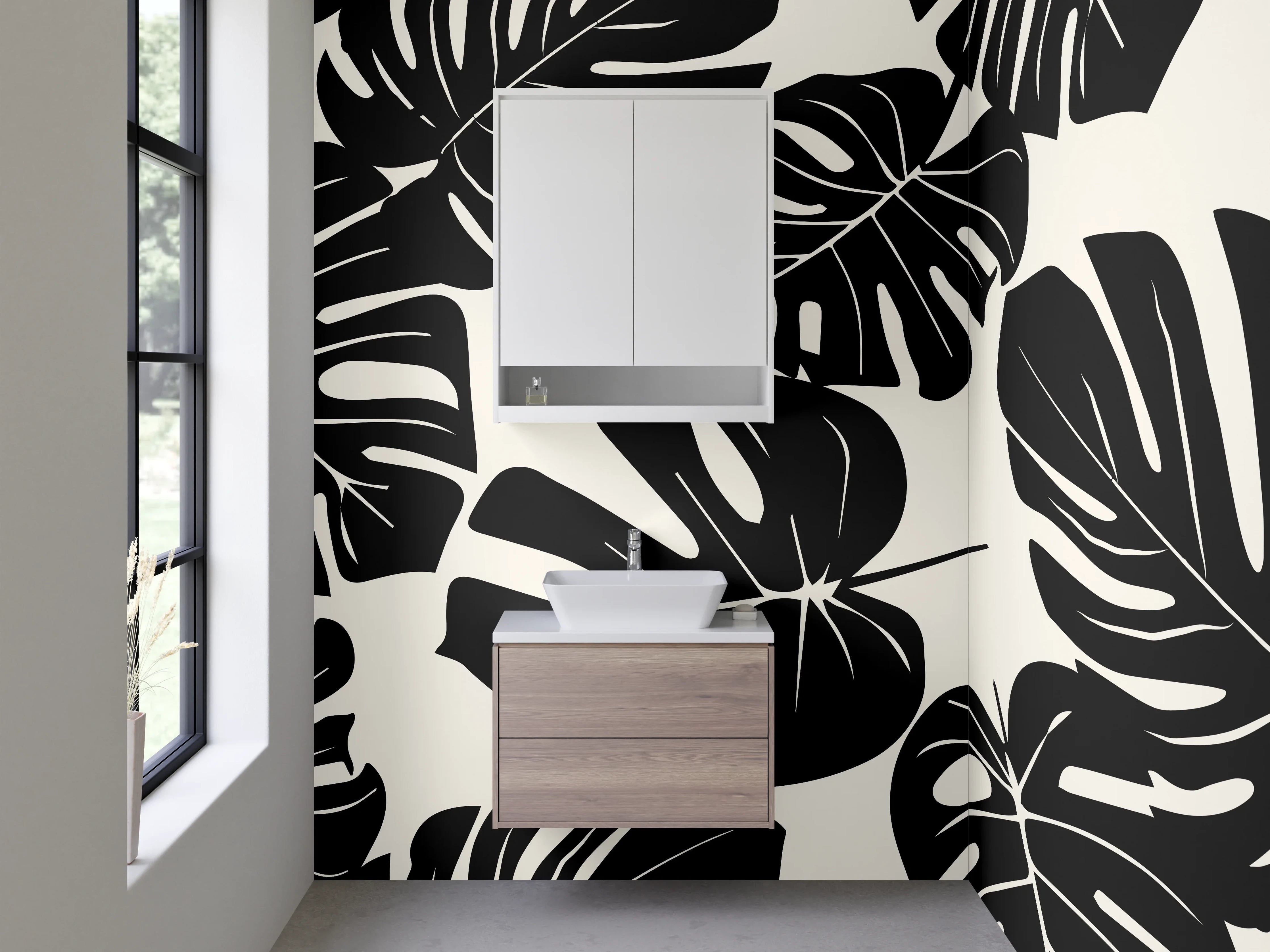 Waschbecken-Rückwand - Grauton Monstera Blattkunst