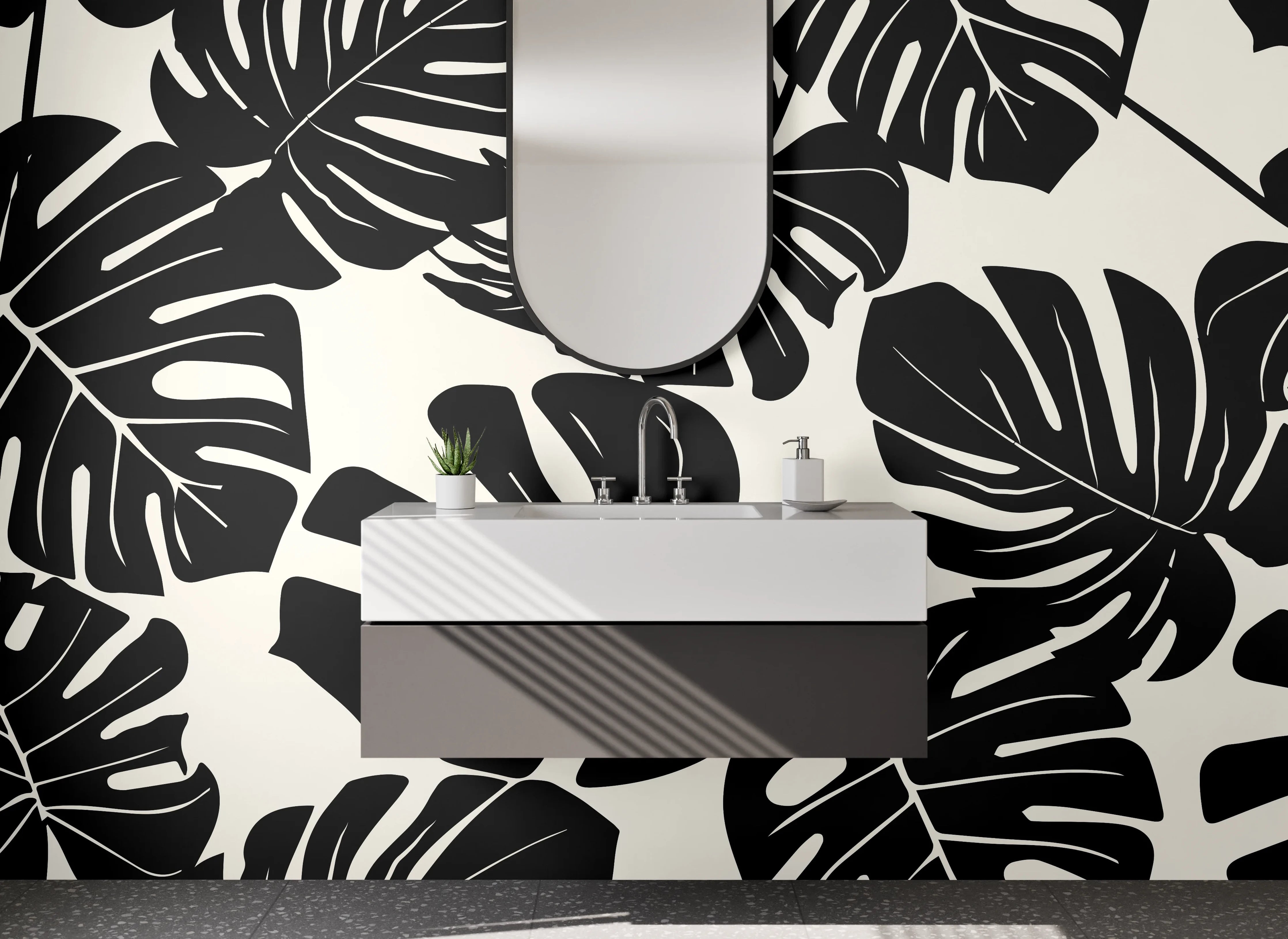 Waschbecken-Rückwand - Grauton Monstera Blattkunst