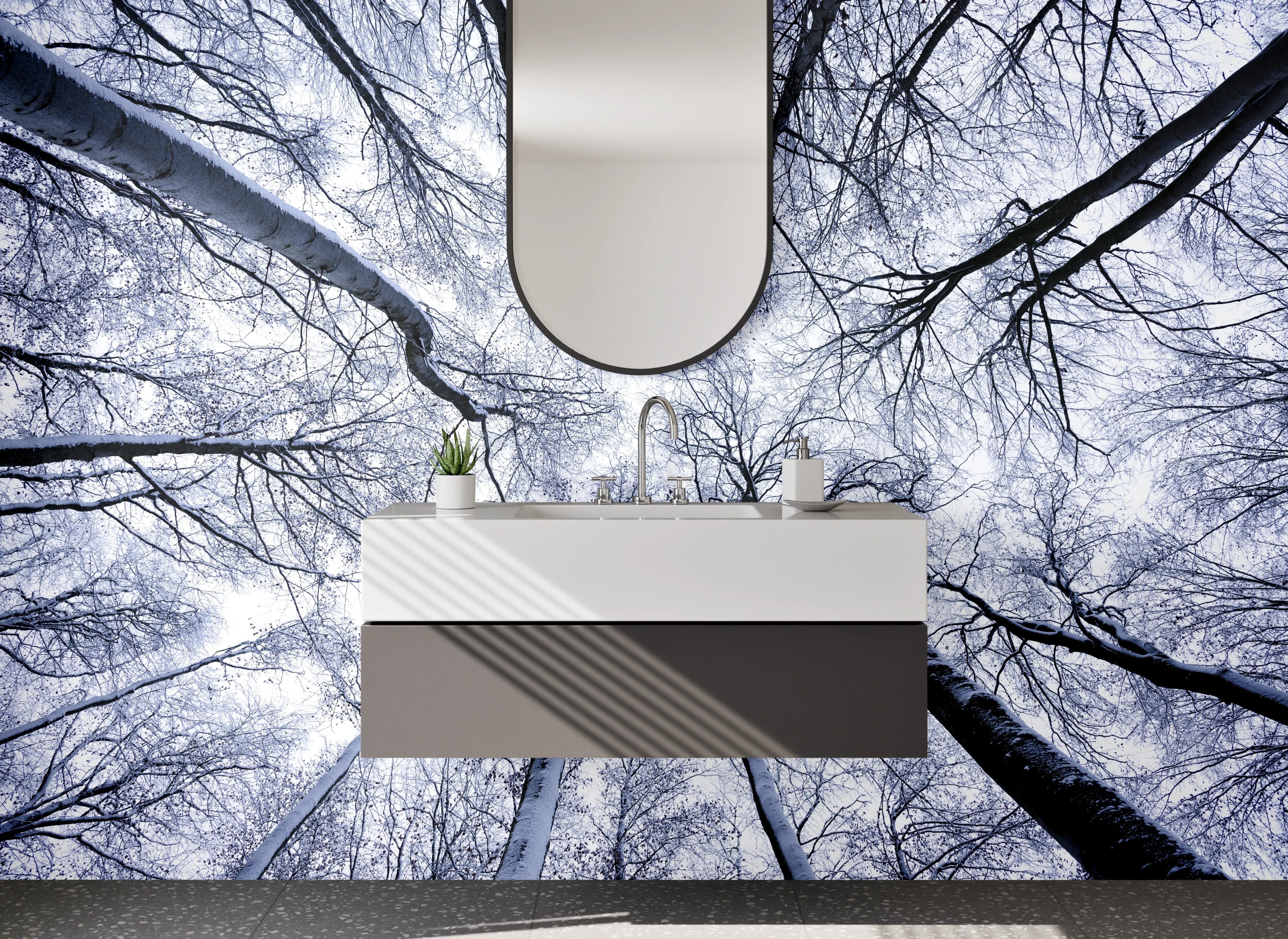 Waschbecken-Rückwand - Grautonträume im frostigen Birkenhain
