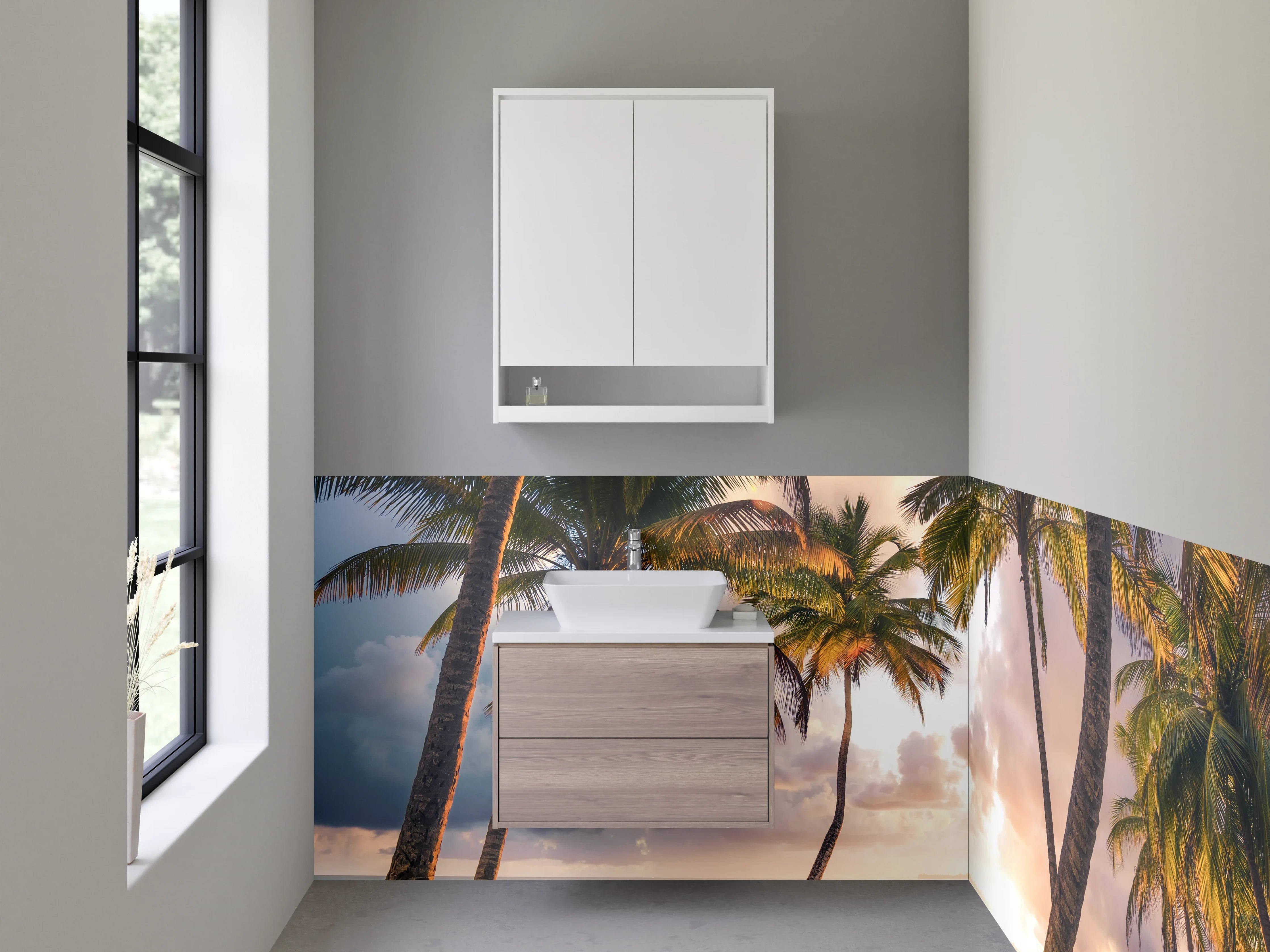 Waschbecken-Rückwand - Grauwe Sonnenuntergang am Palmenstrand