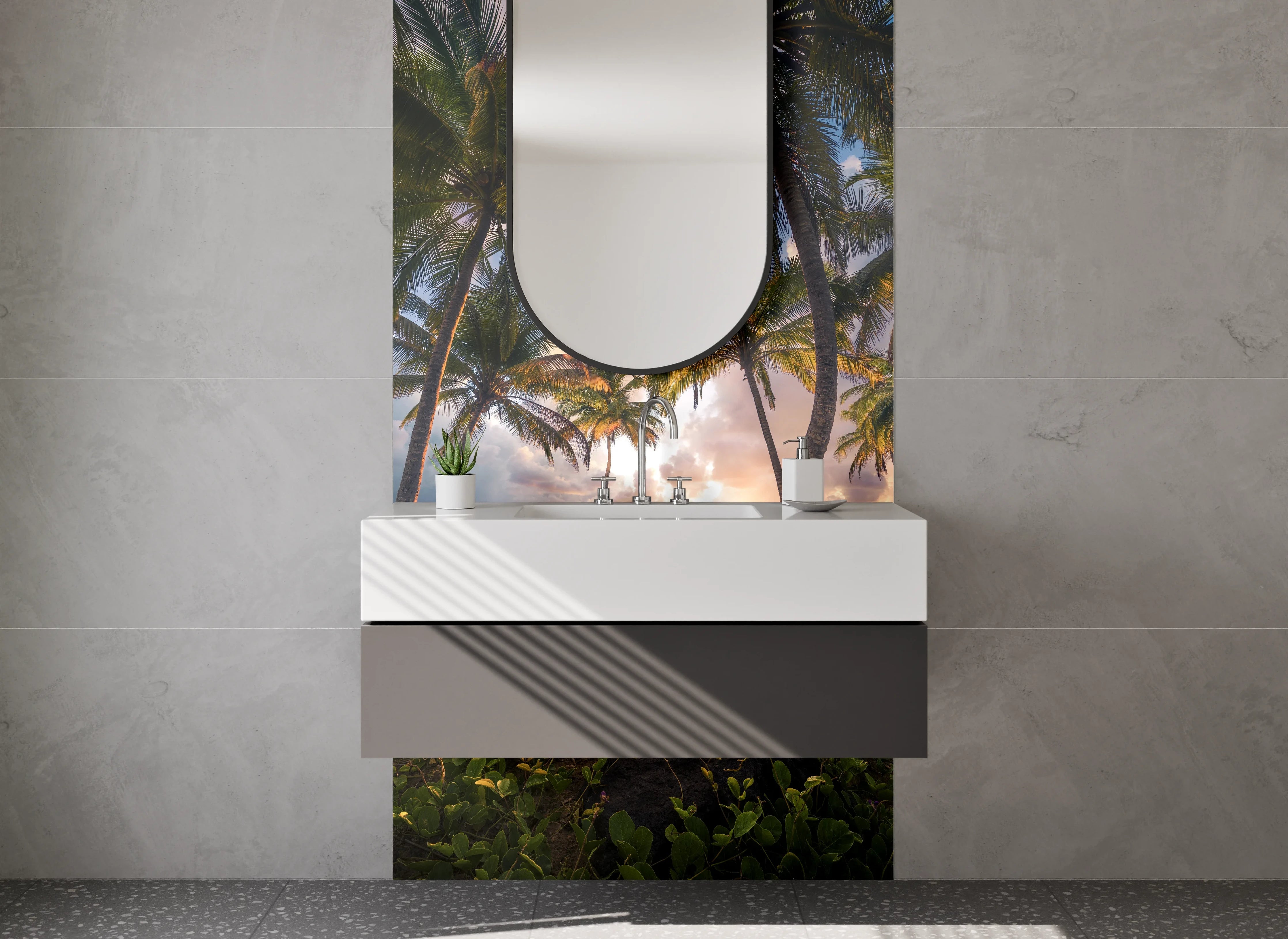 Waschbecken-Rückwand - Grauwe Sonnenuntergang am Palmenstrand