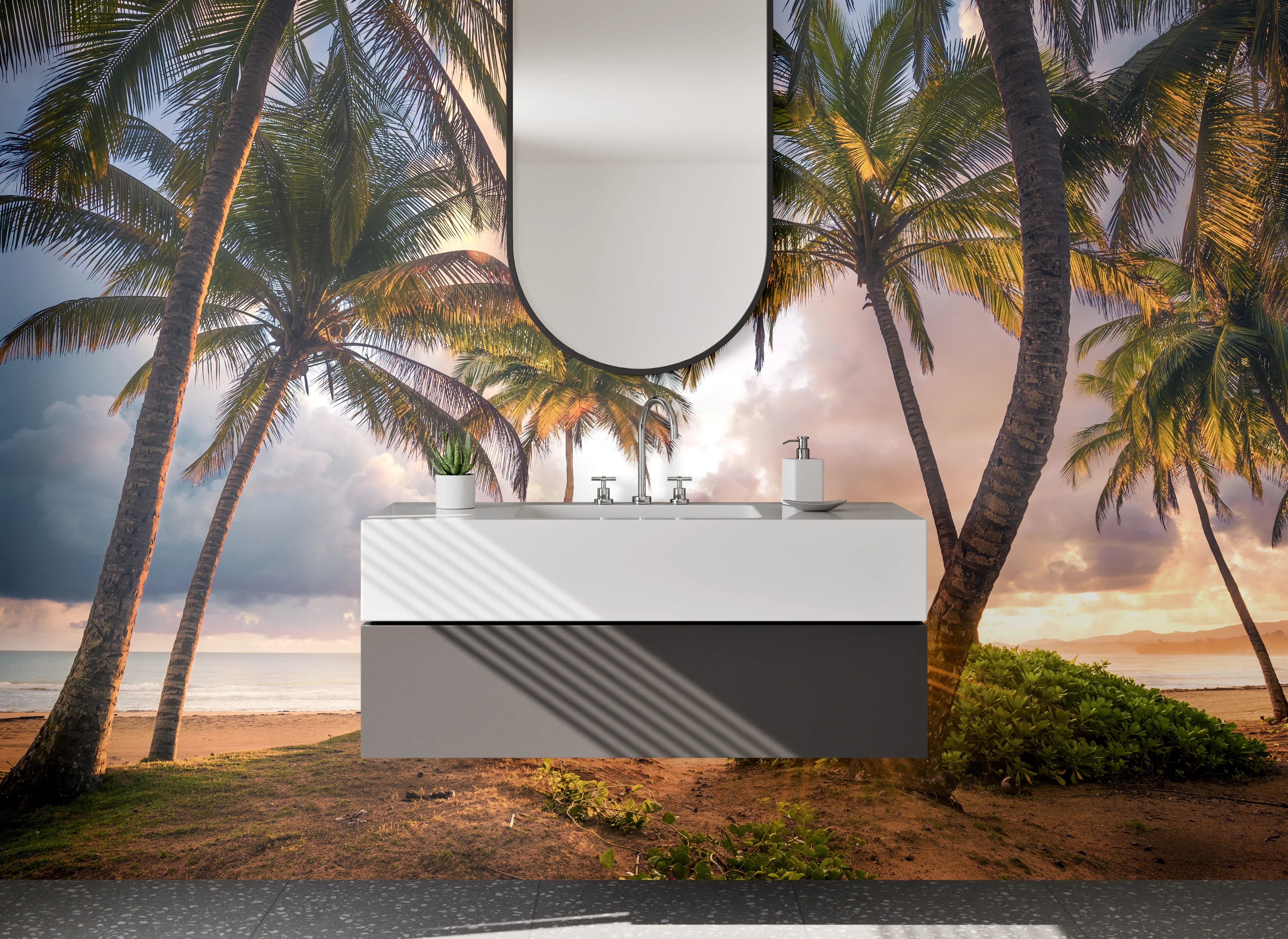 Waschbecken-Rückwand - Grauwe Sonnenuntergang am Palmenstrand