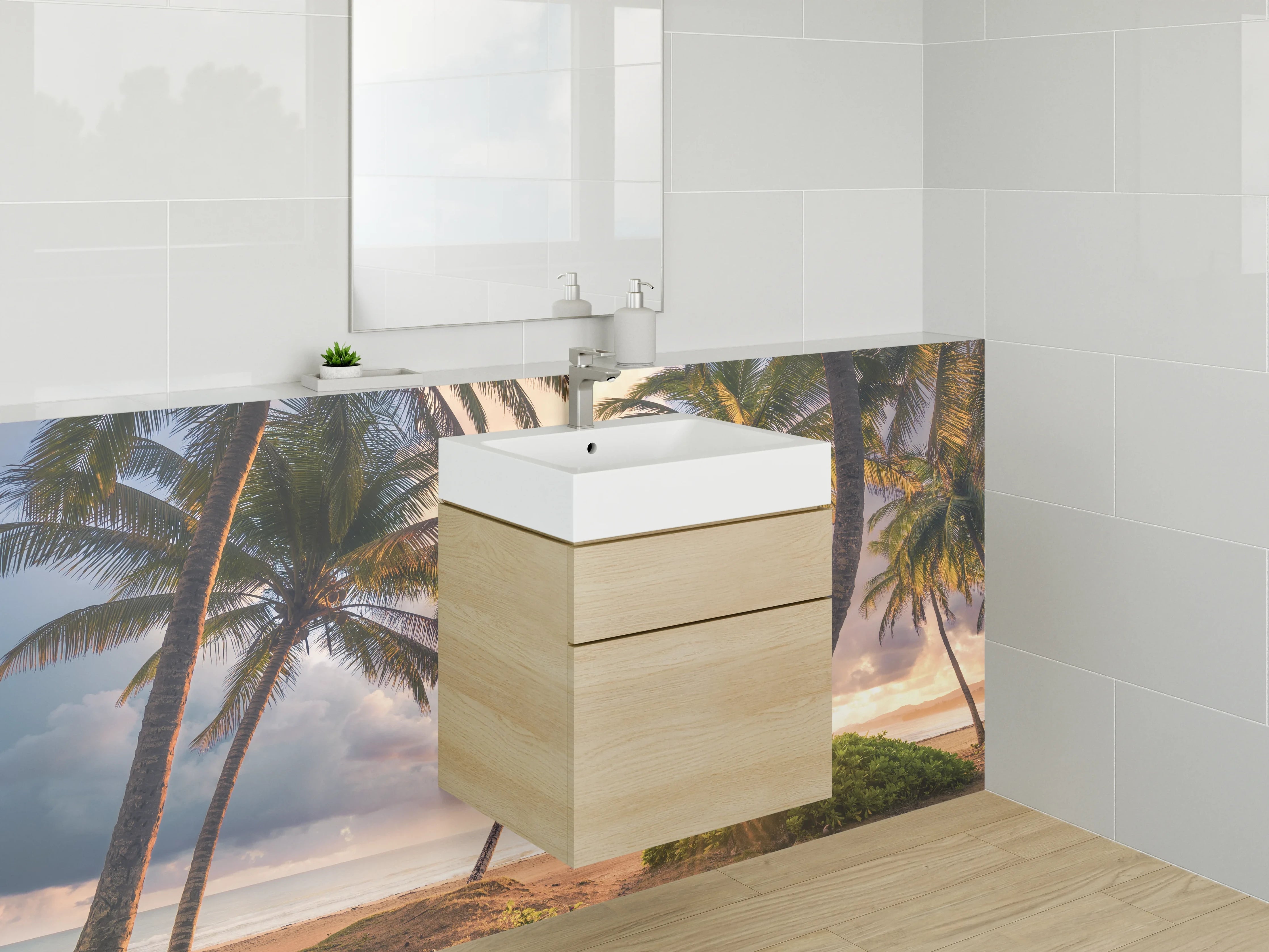 Waschbecken-Rückwand - Grauwe Sonnenuntergang am Palmenstrand