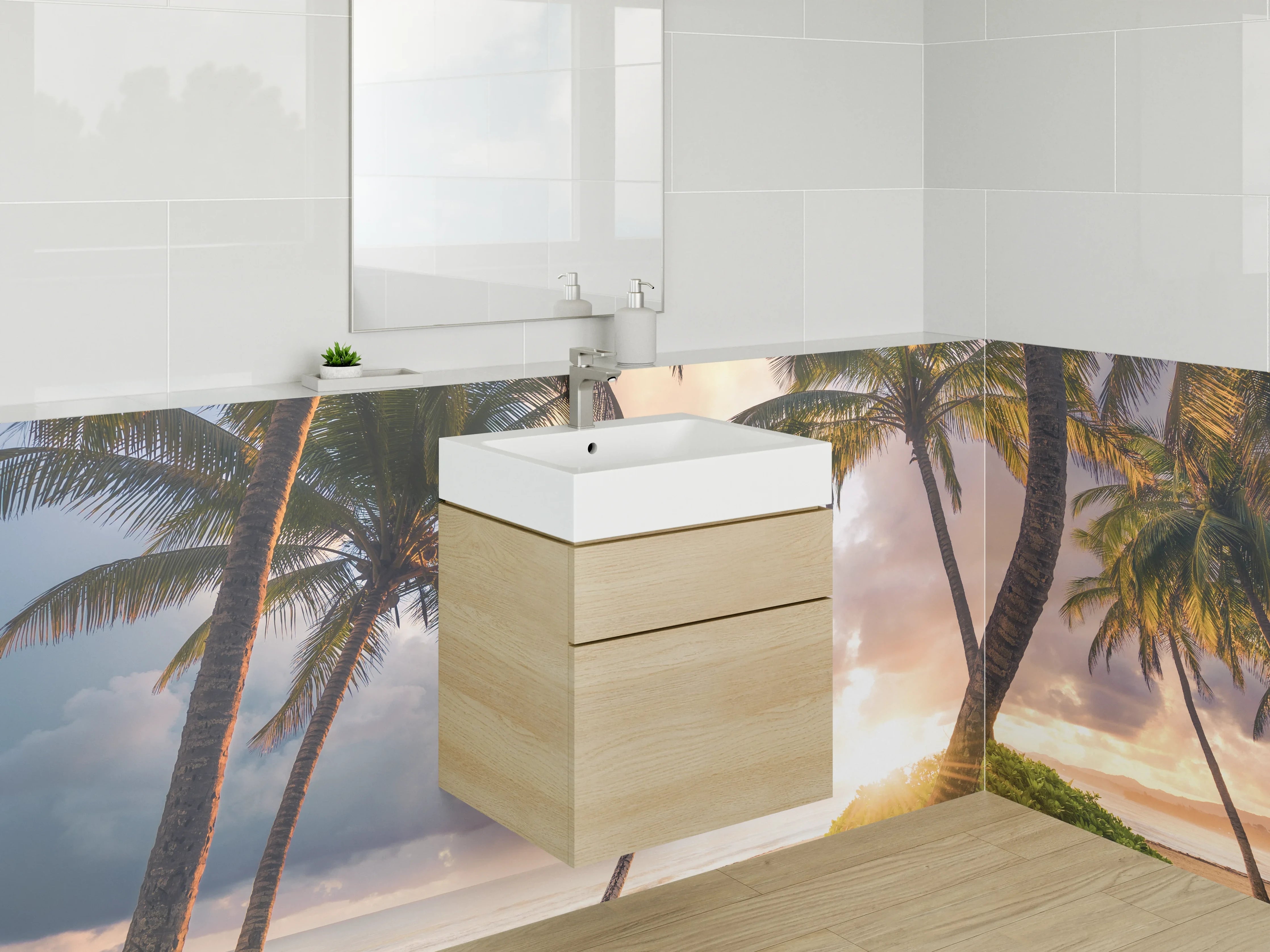 Waschbecken-Rückwand - Grauwe Sonnenuntergang am Palmenstrand