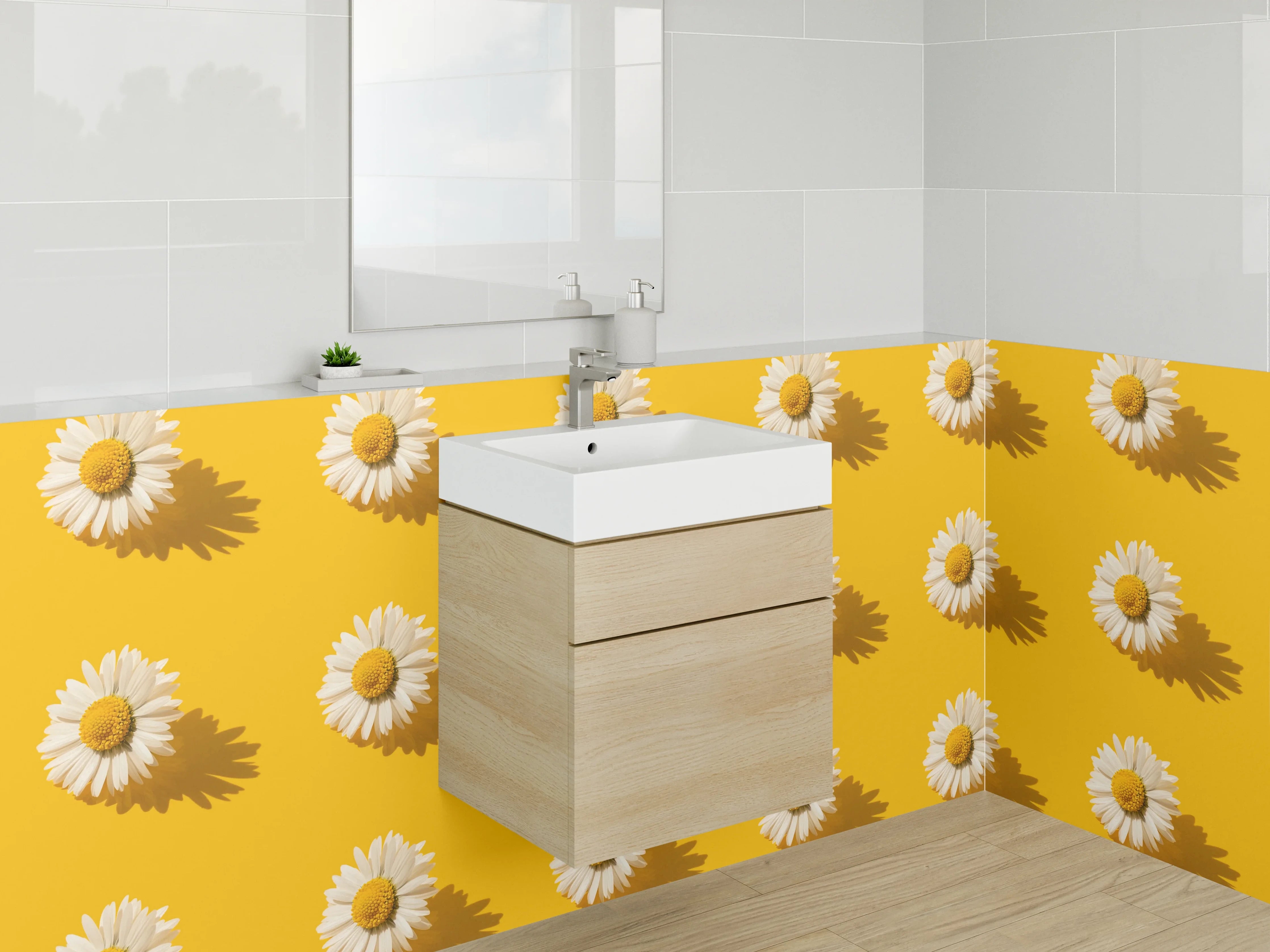 Waschbecken-Rückwand - Grauweiße Blüten auf Sonnengelb