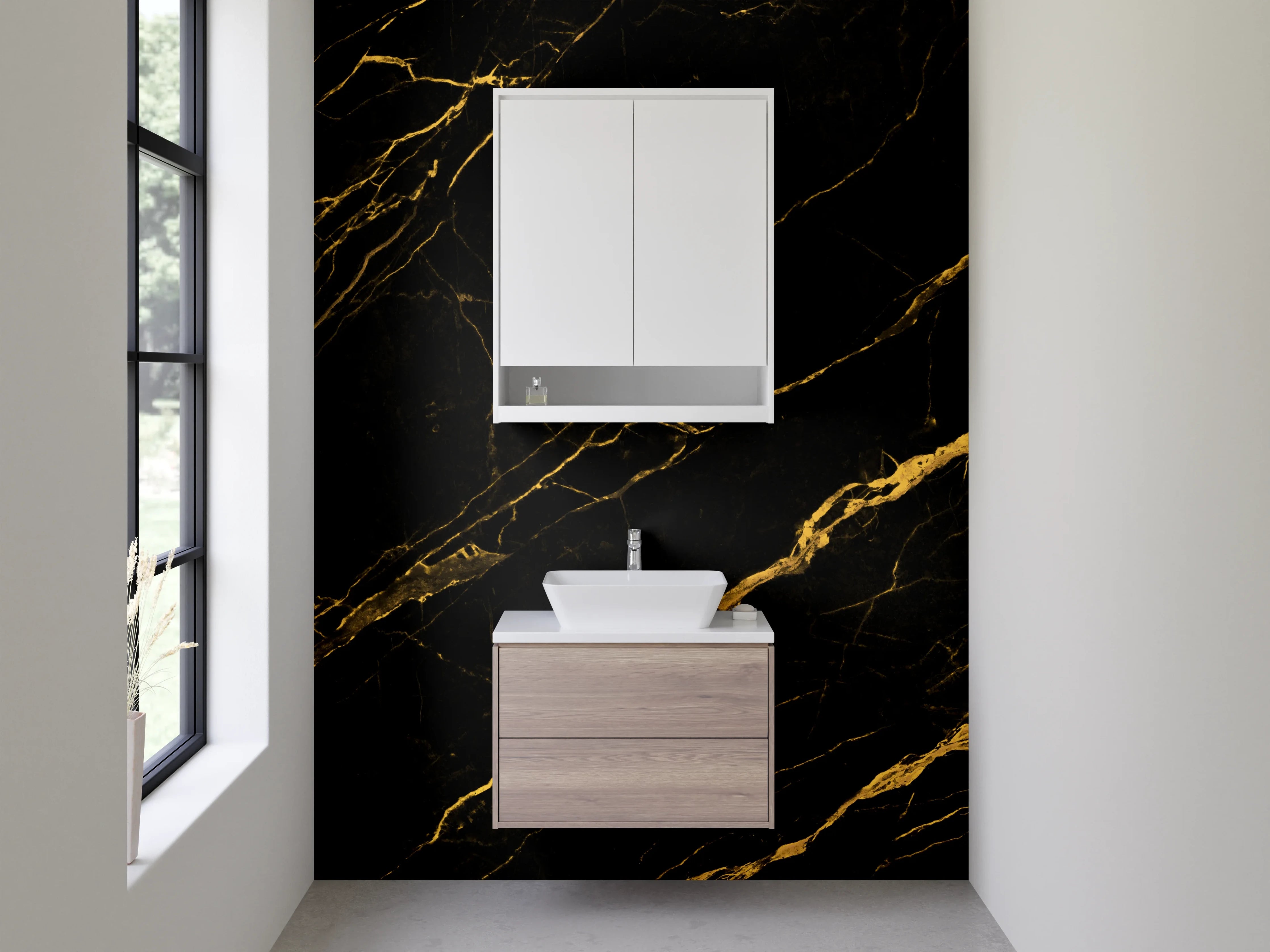 Waschbecken-Rückwand - Grauweiße Eleganz mit Goldadern