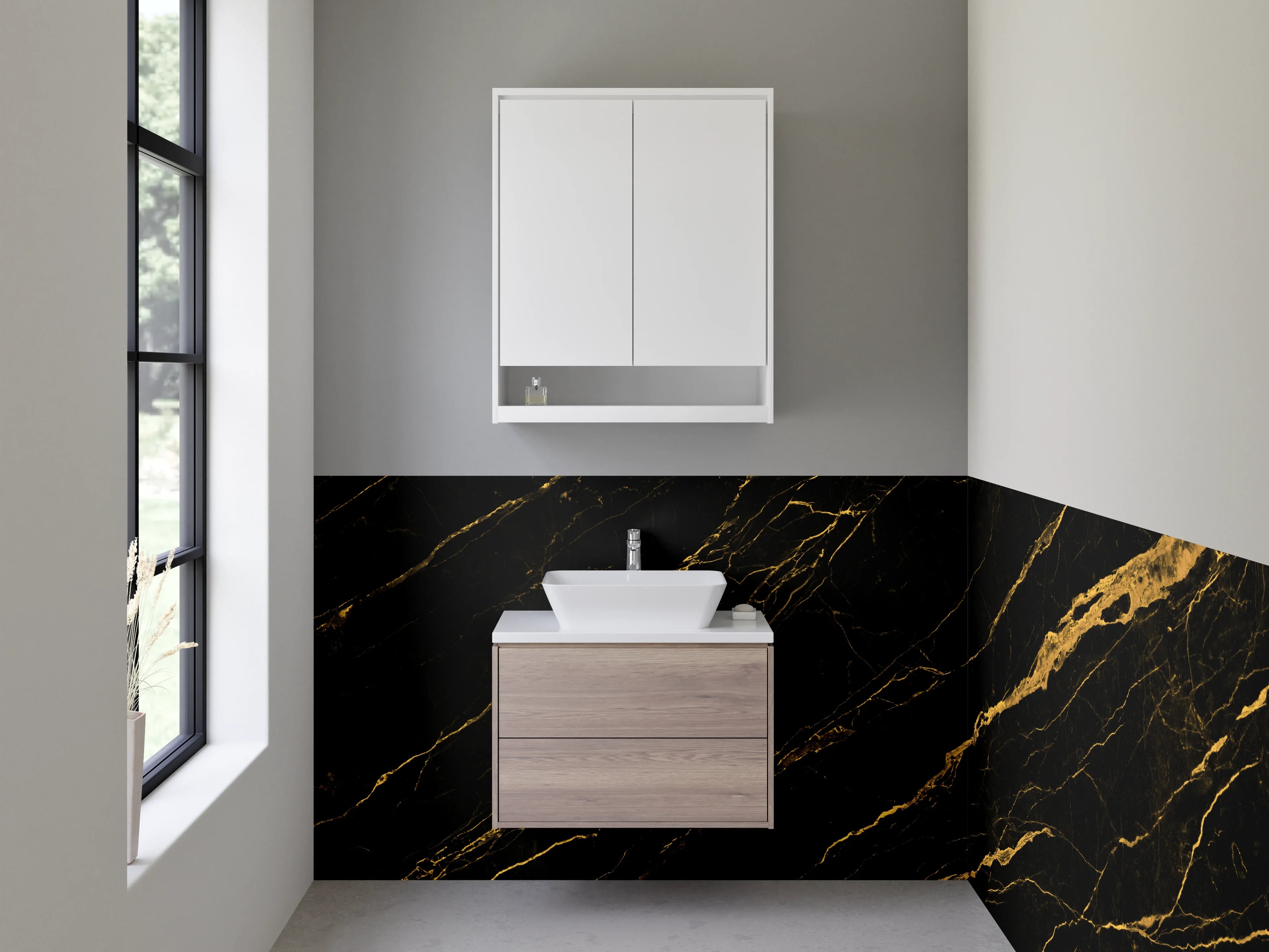 Waschbecken-Rückwand - Grauweiße Eleganz mit Goldadern