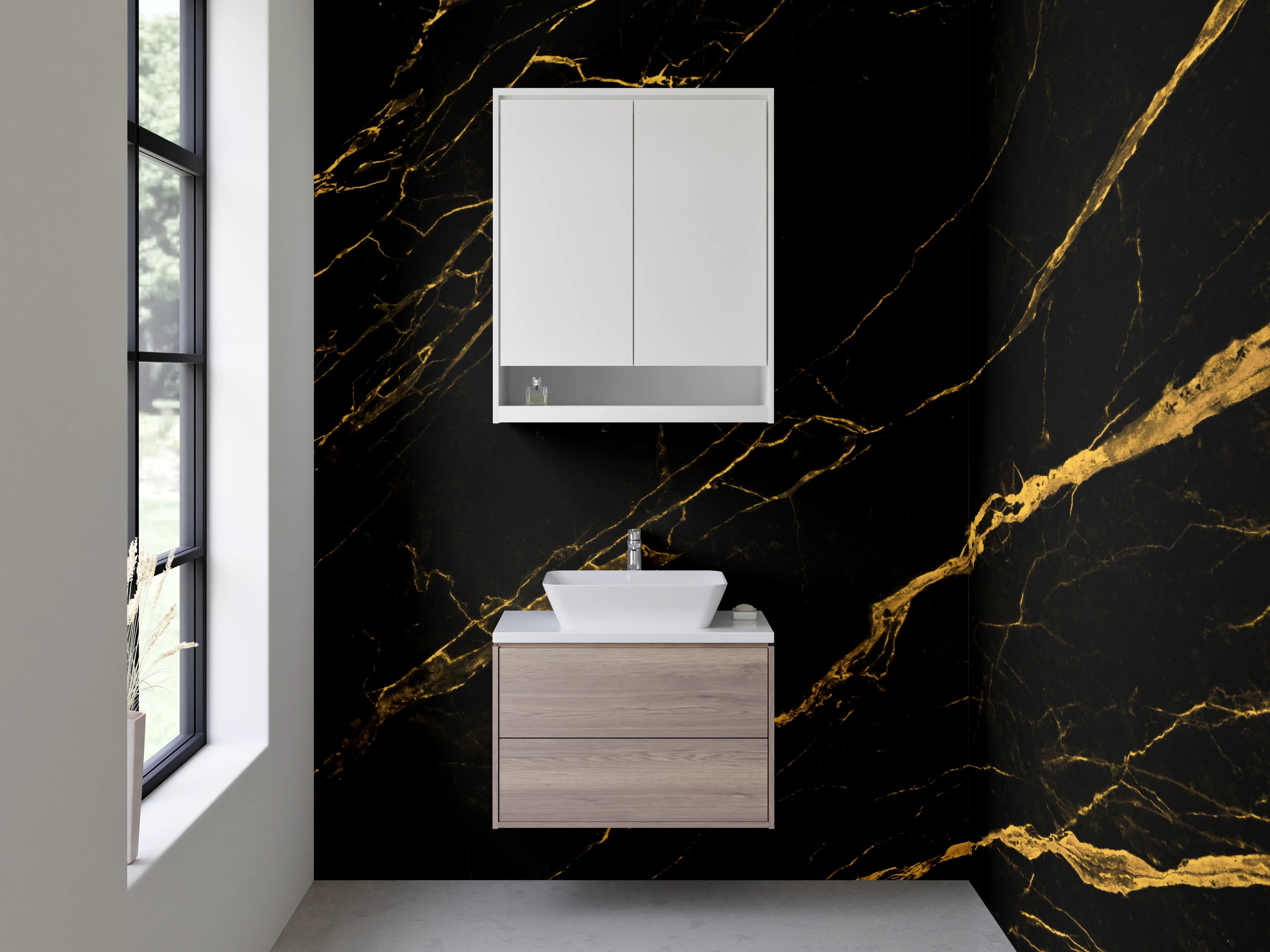Waschbecken-Rückwand - Grauweiße Eleganz mit Goldadern
