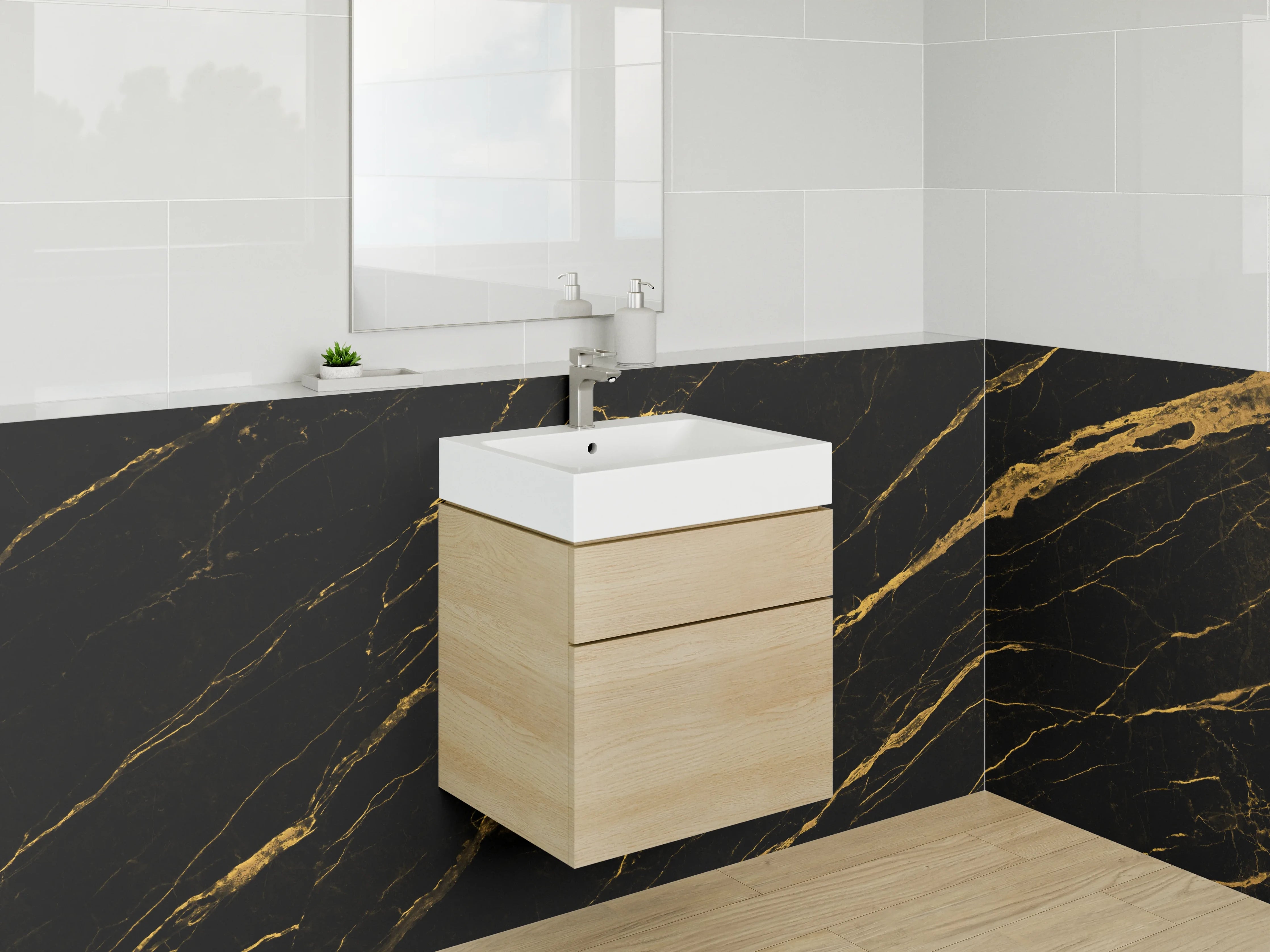Waschbecken-Rückwand - Grauweiße Eleganz mit Goldadern