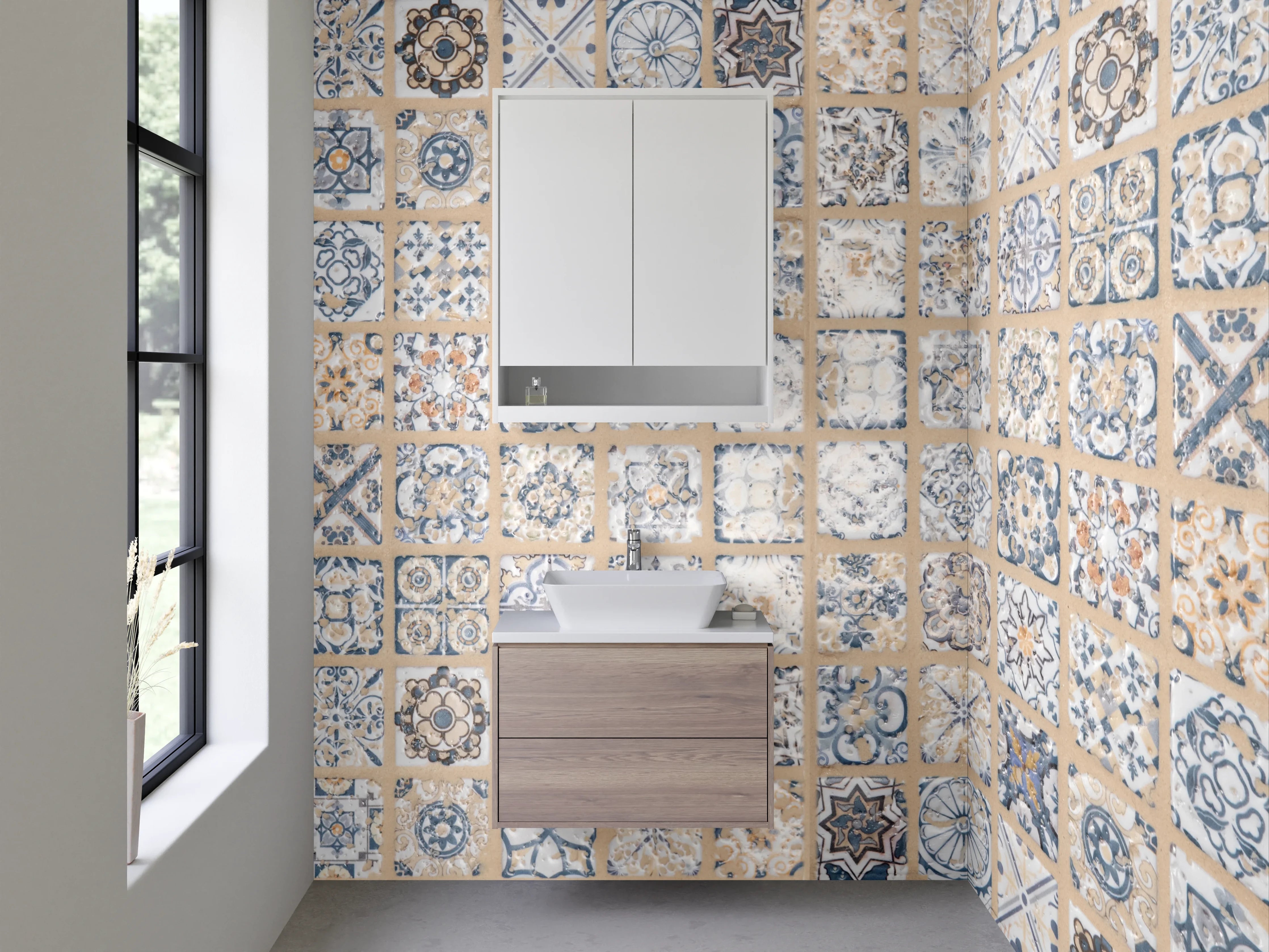 Waschbecken-Rückwand - Grauweiße Vintage-Fliesenmuster