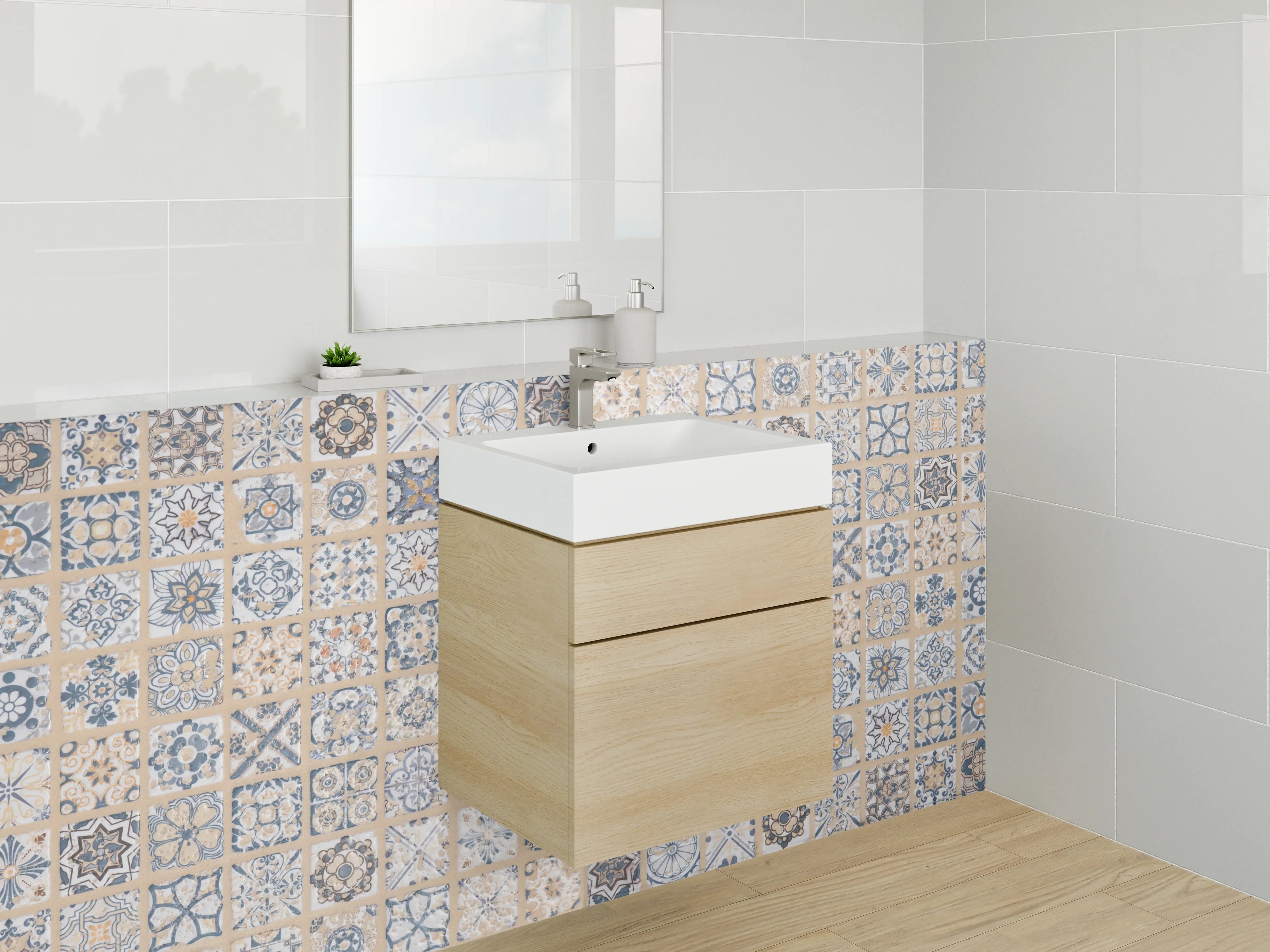 Waschbecken-Rückwand - Grauweiße Vintage-Fliesenmuster