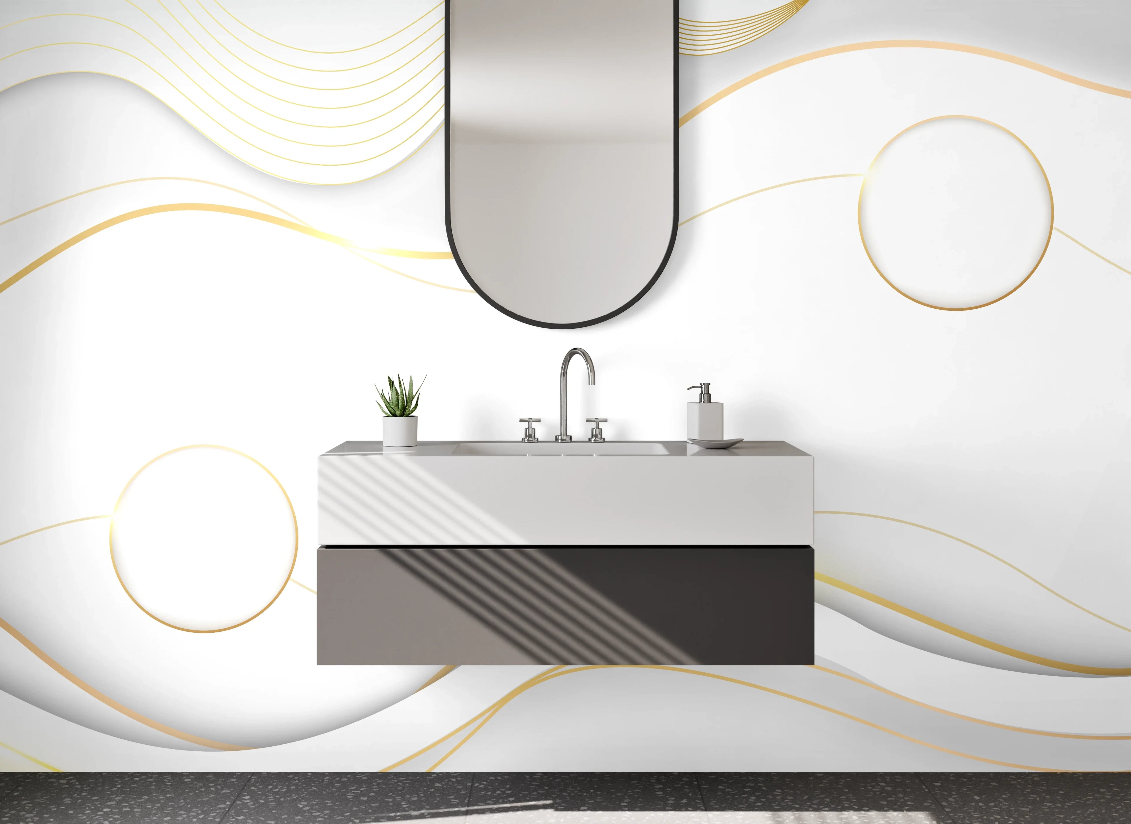 Waschbecken-Rückwand - Grauweiße Wellen mit goldener Note