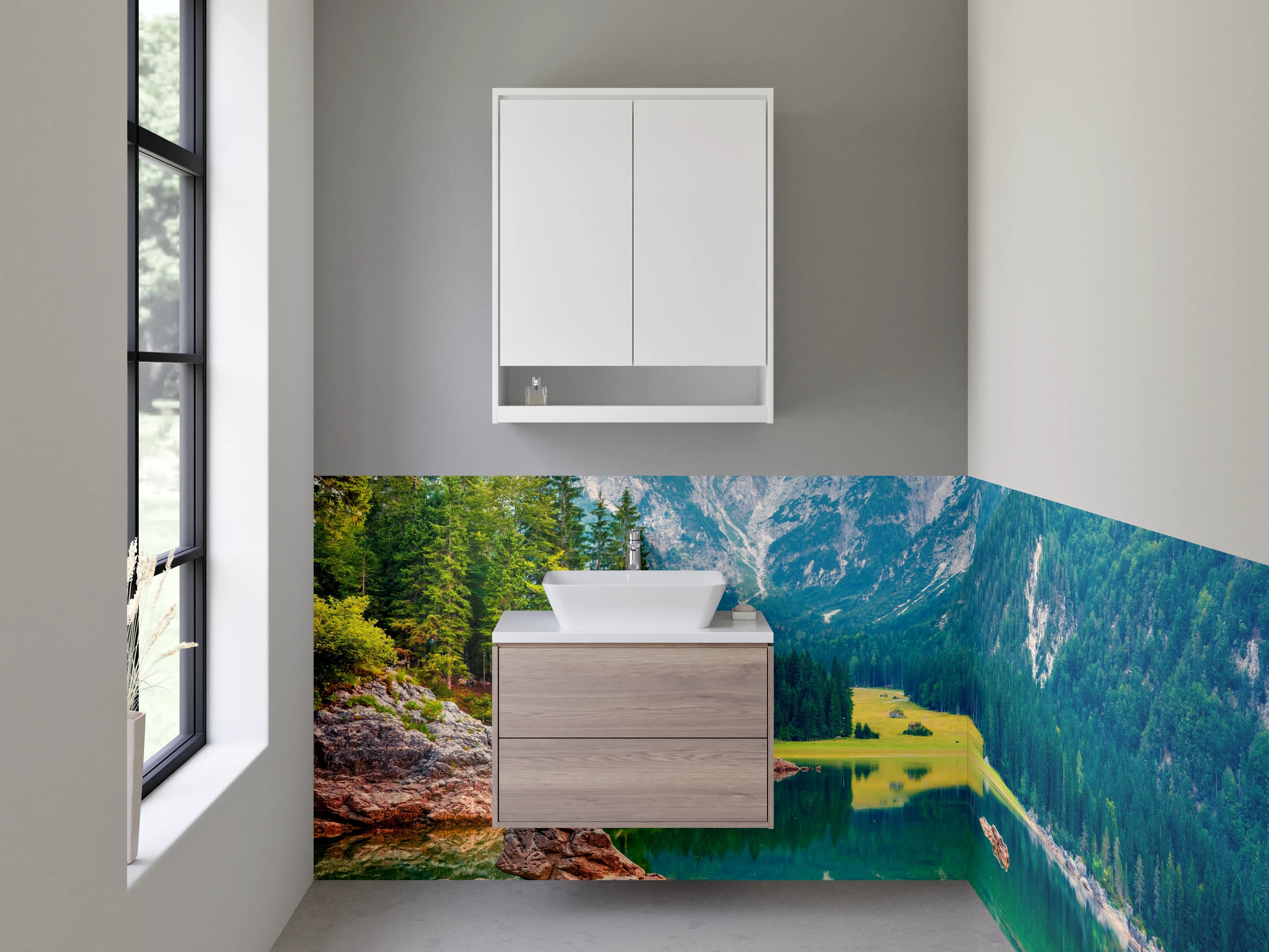 Waschbecken-Rückwand - Grauweißer Bergsee im Nebel