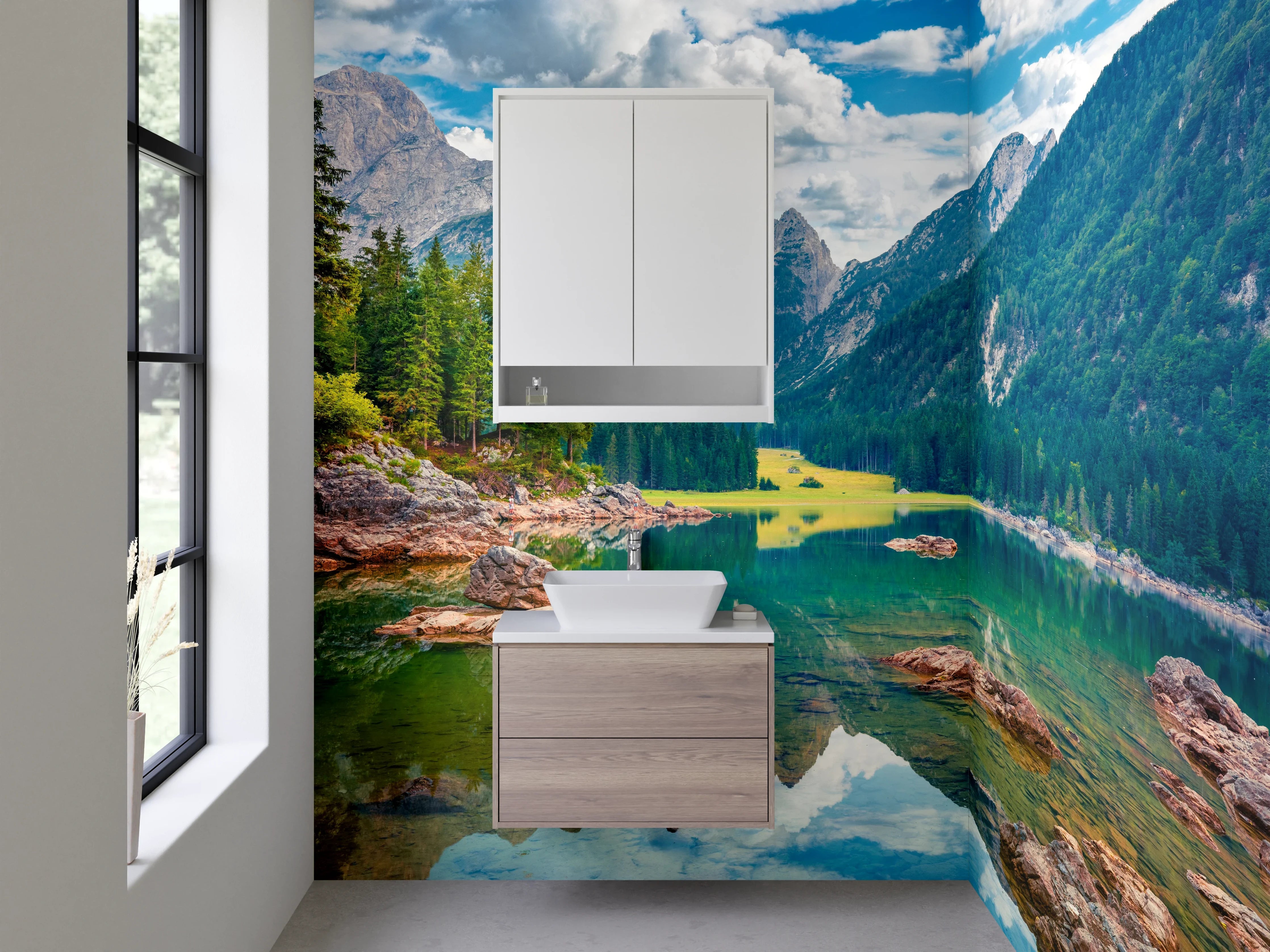 Waschbecken-Rückwand - Grauweißer Bergsee im Nebel