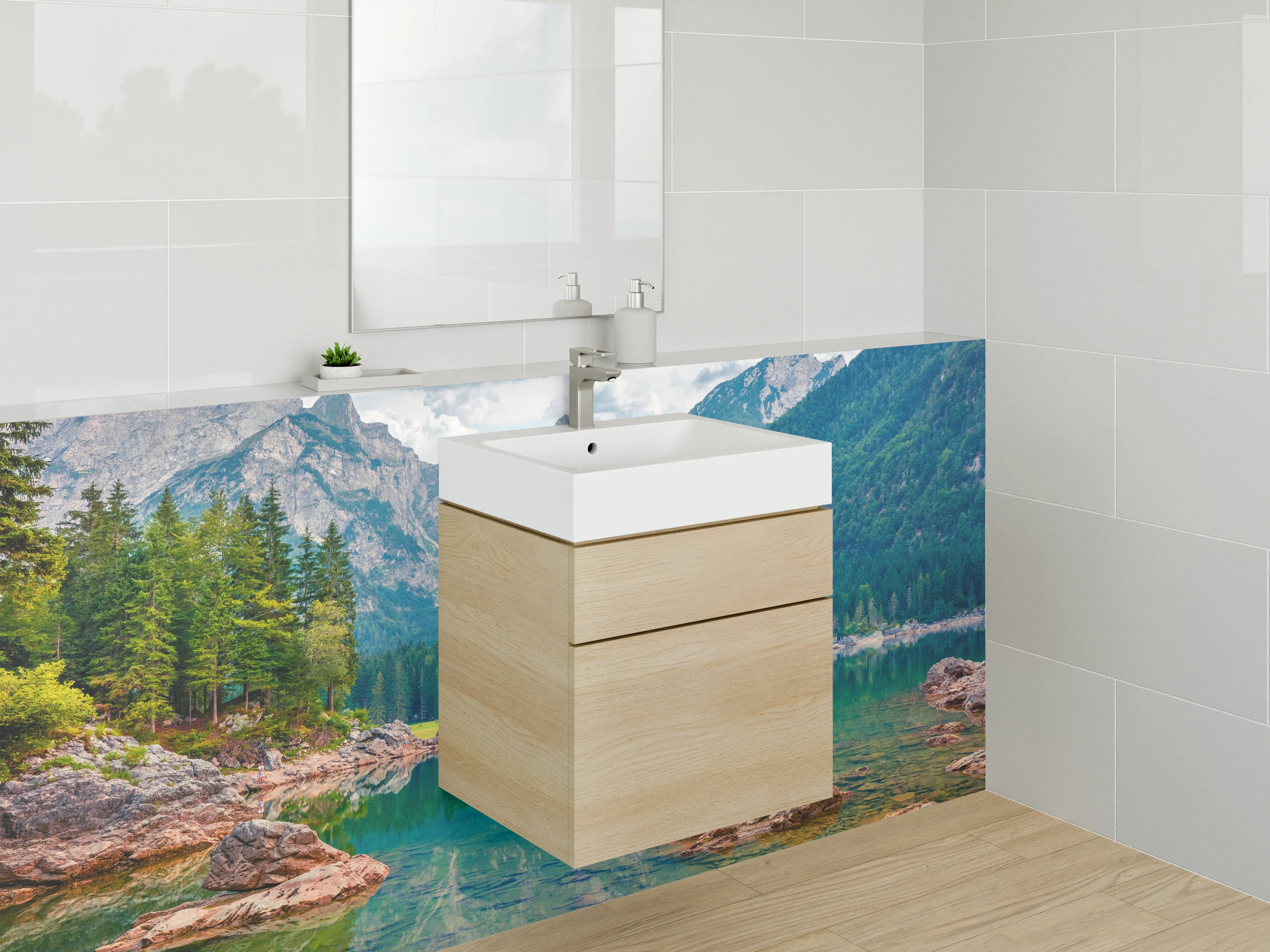 Waschbecken-Rückwand - Grauweißer Bergsee im Nebel