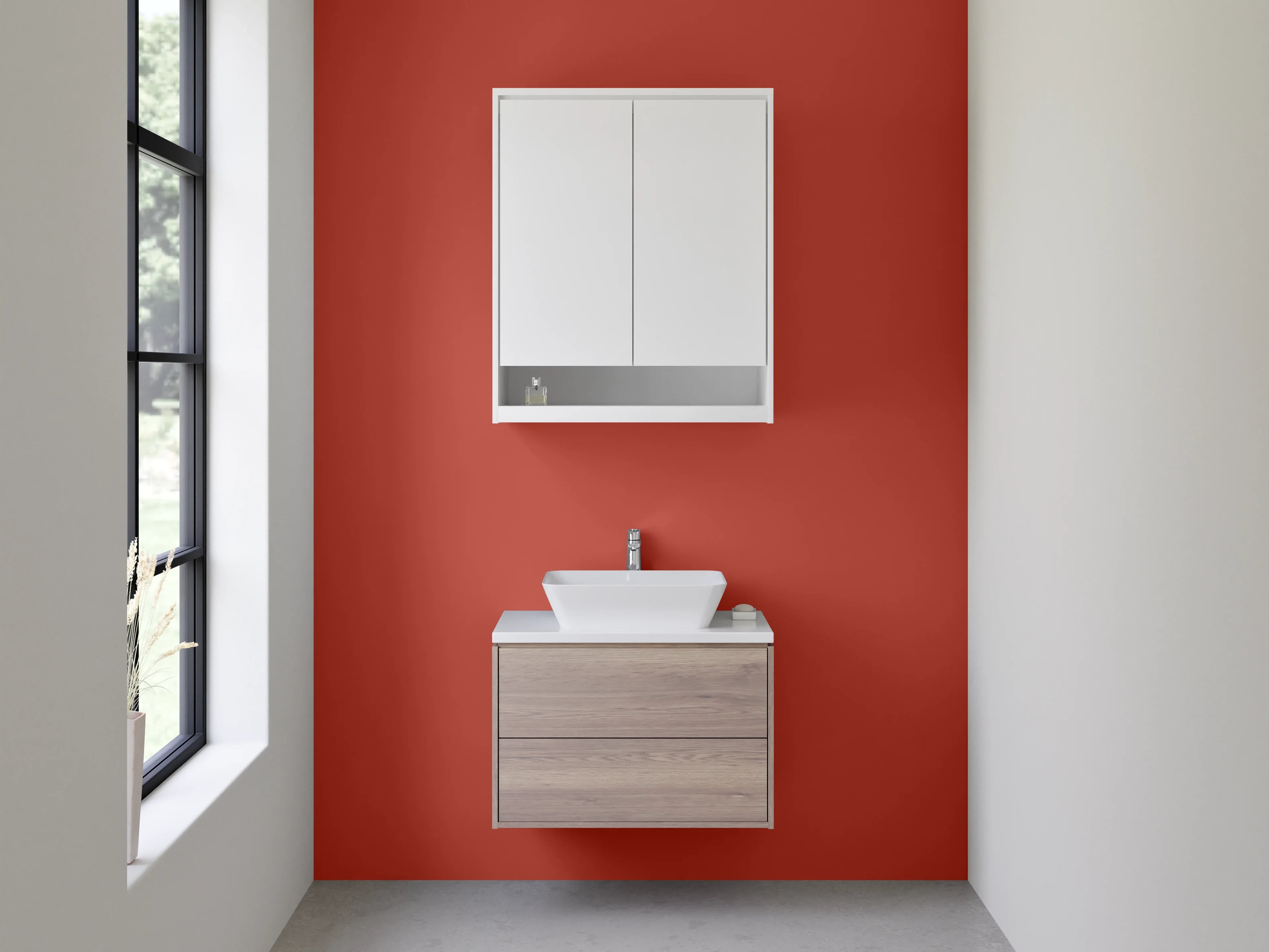 Waschbecken-Rückwand - Grauweißer Hauch in Korallenschimmer