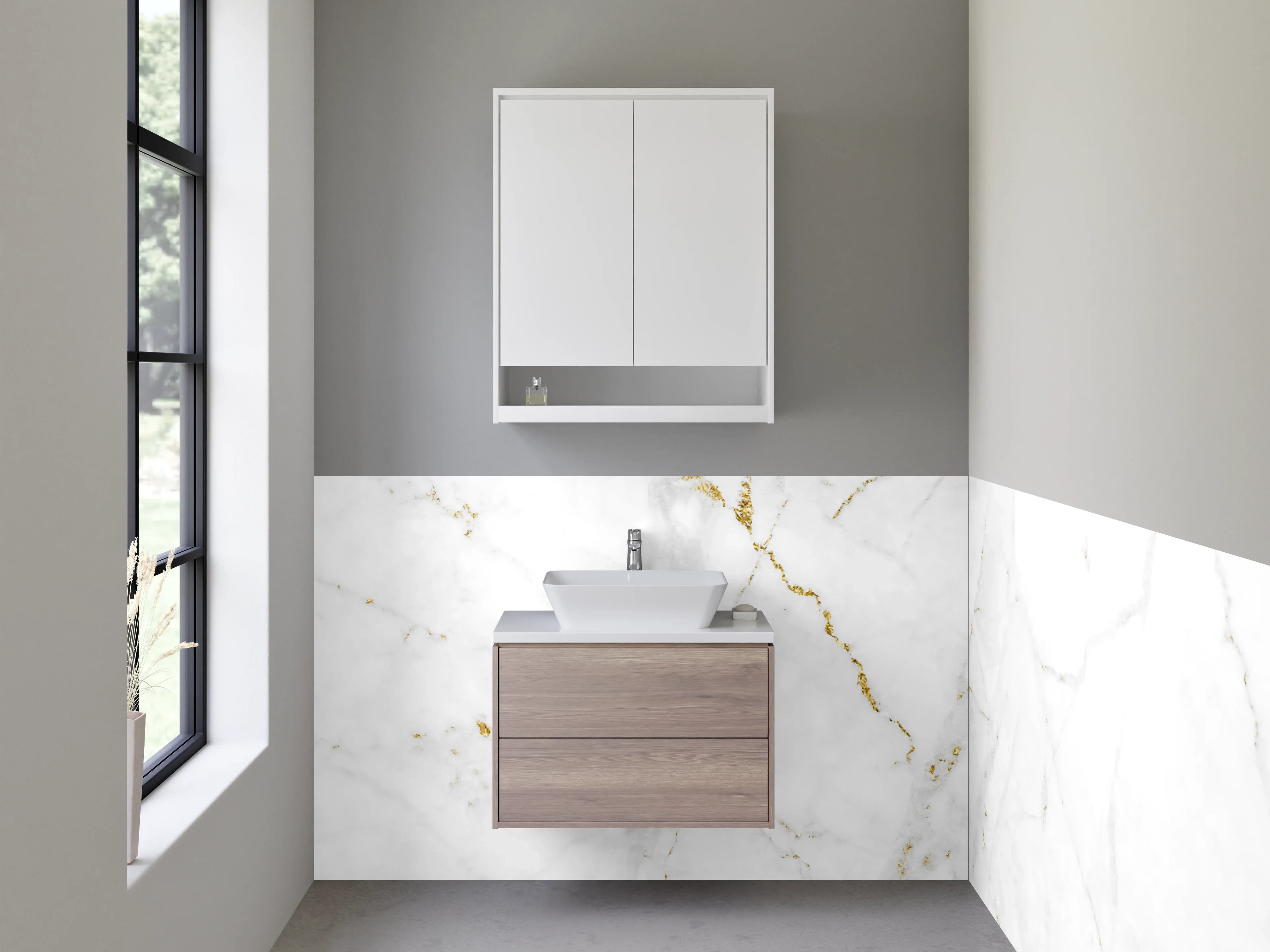 Waschbecken-Rückwand - Grauweißer Marmor mit Goldglanz