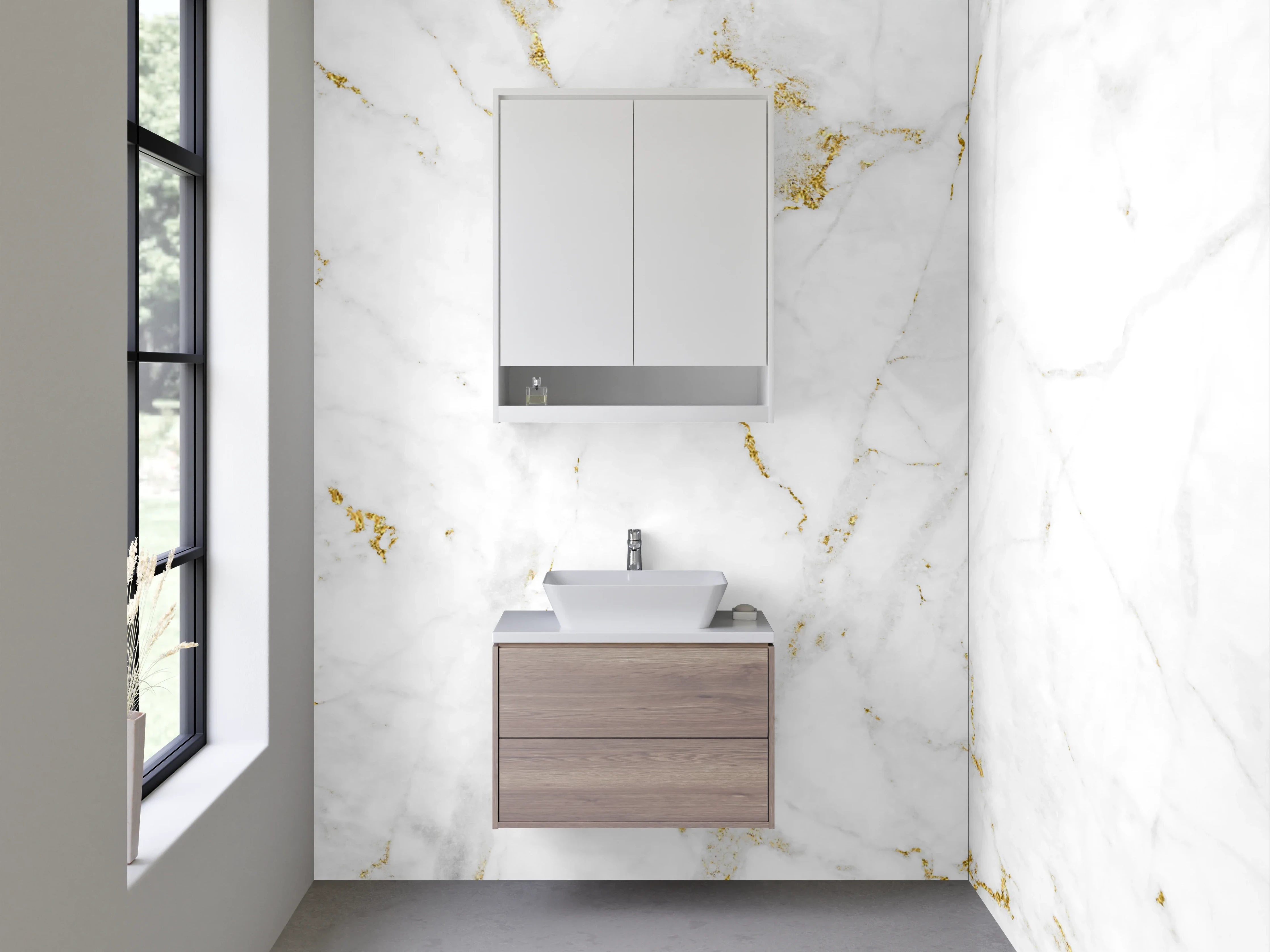 Waschbecken-Rückwand - Grauweißer Marmor mit Goldglanz