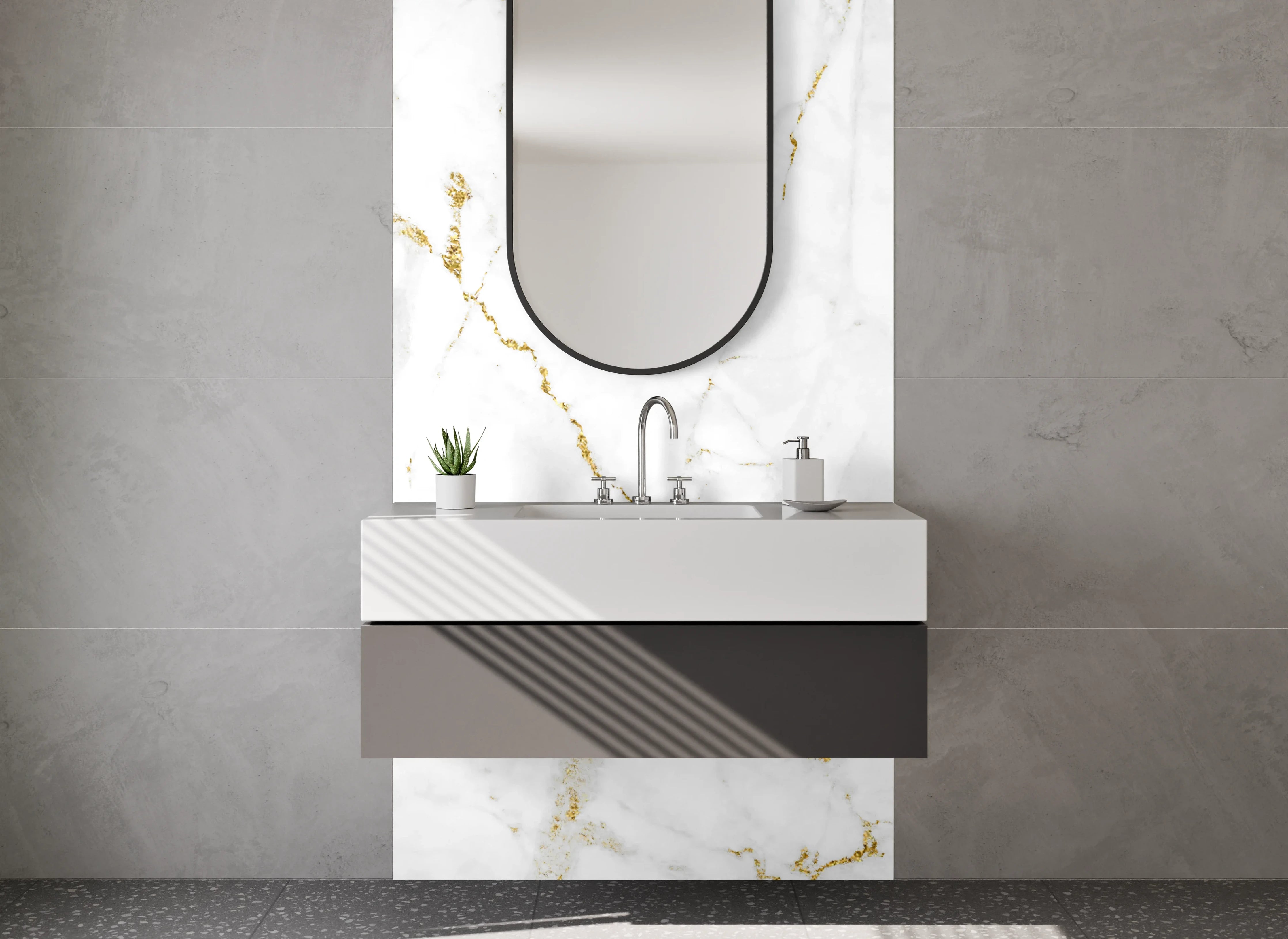 Waschbecken-Rückwand - Grauweißer Marmor mit Goldglanz