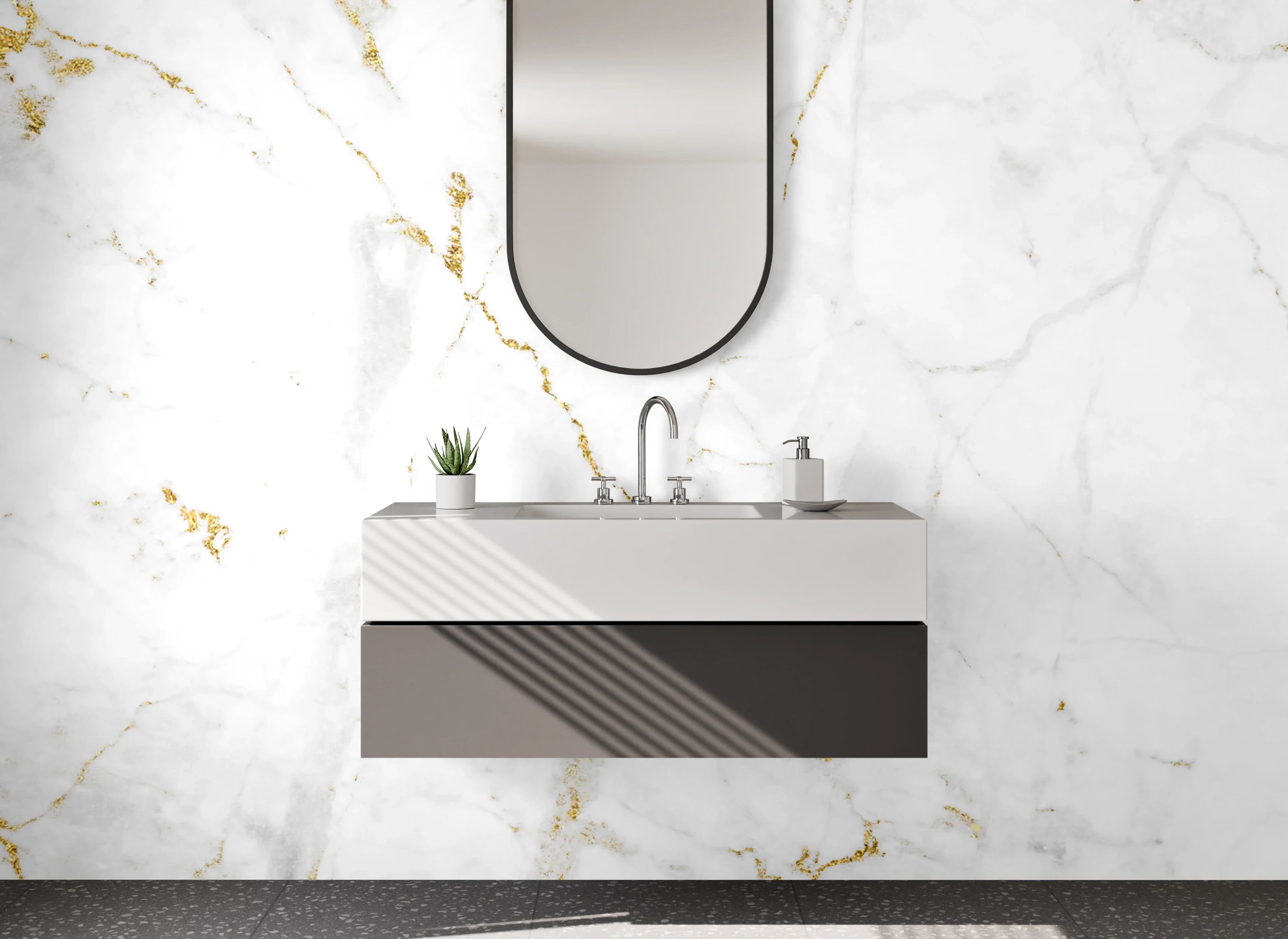 Waschbecken-Rückwand - Grauweißer Marmor mit Goldglanz