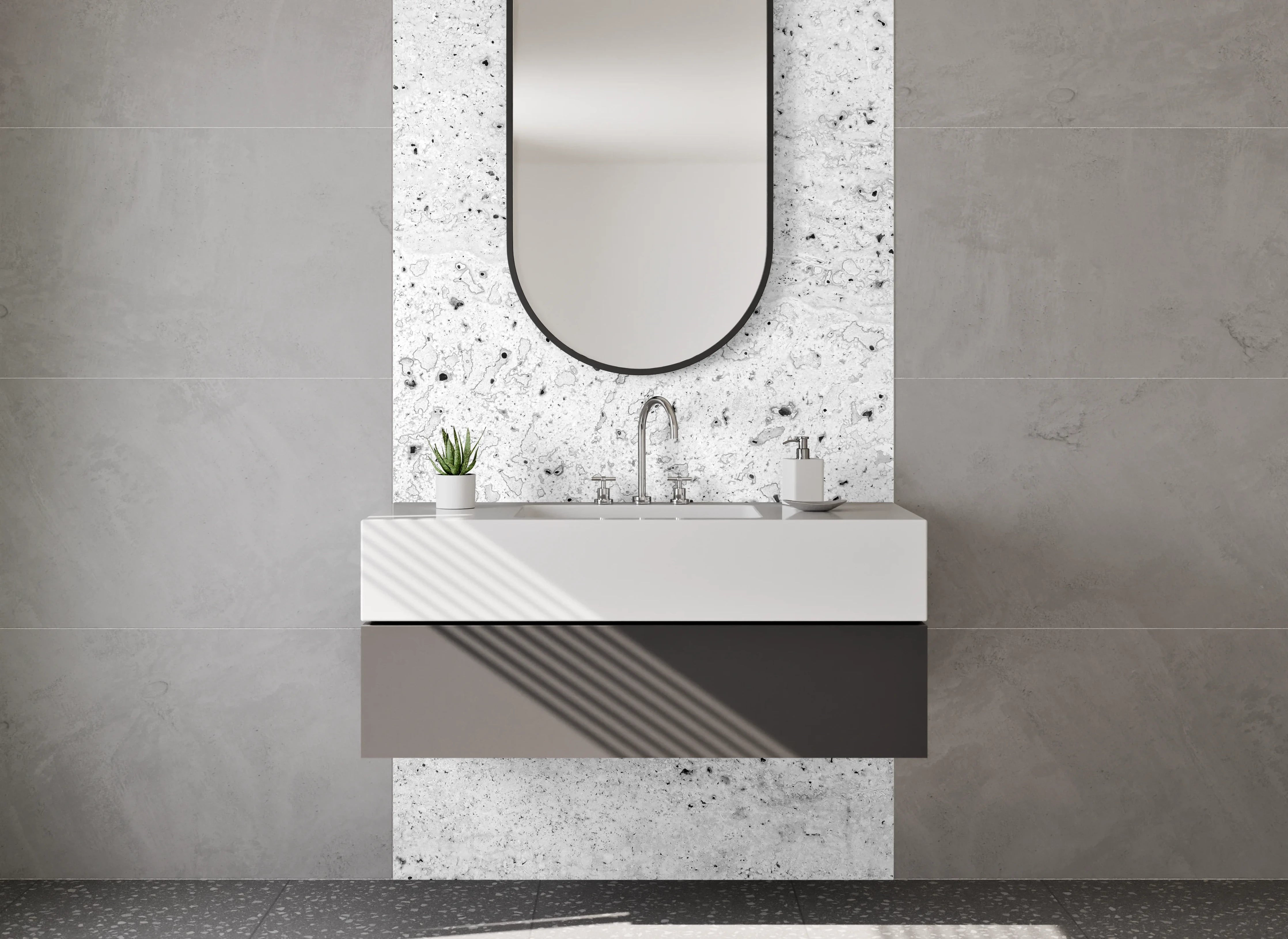 Waschbecken-Rückwand - Grauweißer Minimalismus in Betonlook