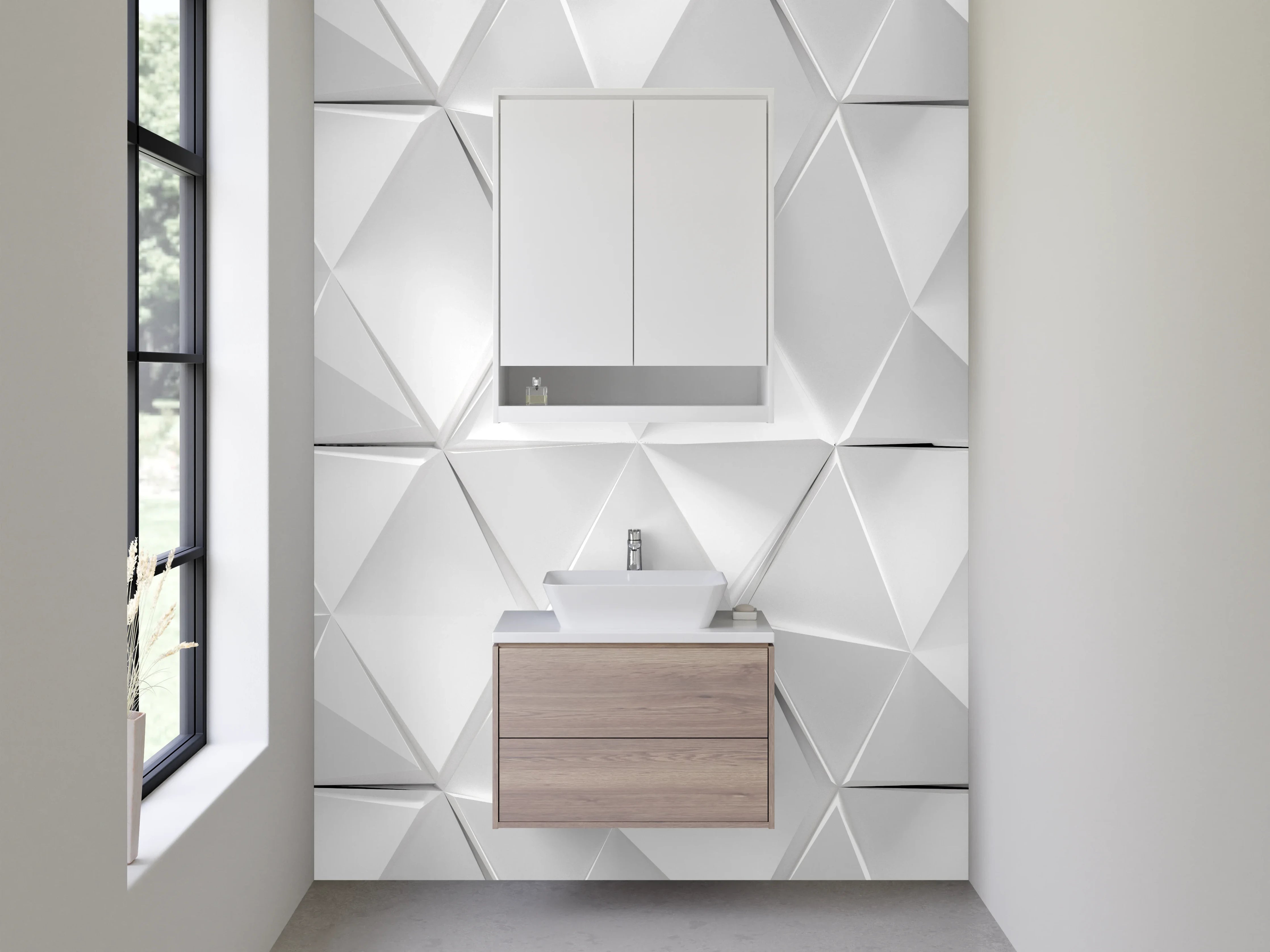 Waschbecken-Rückwand - Grauweißes 3D-Geometrie-Design