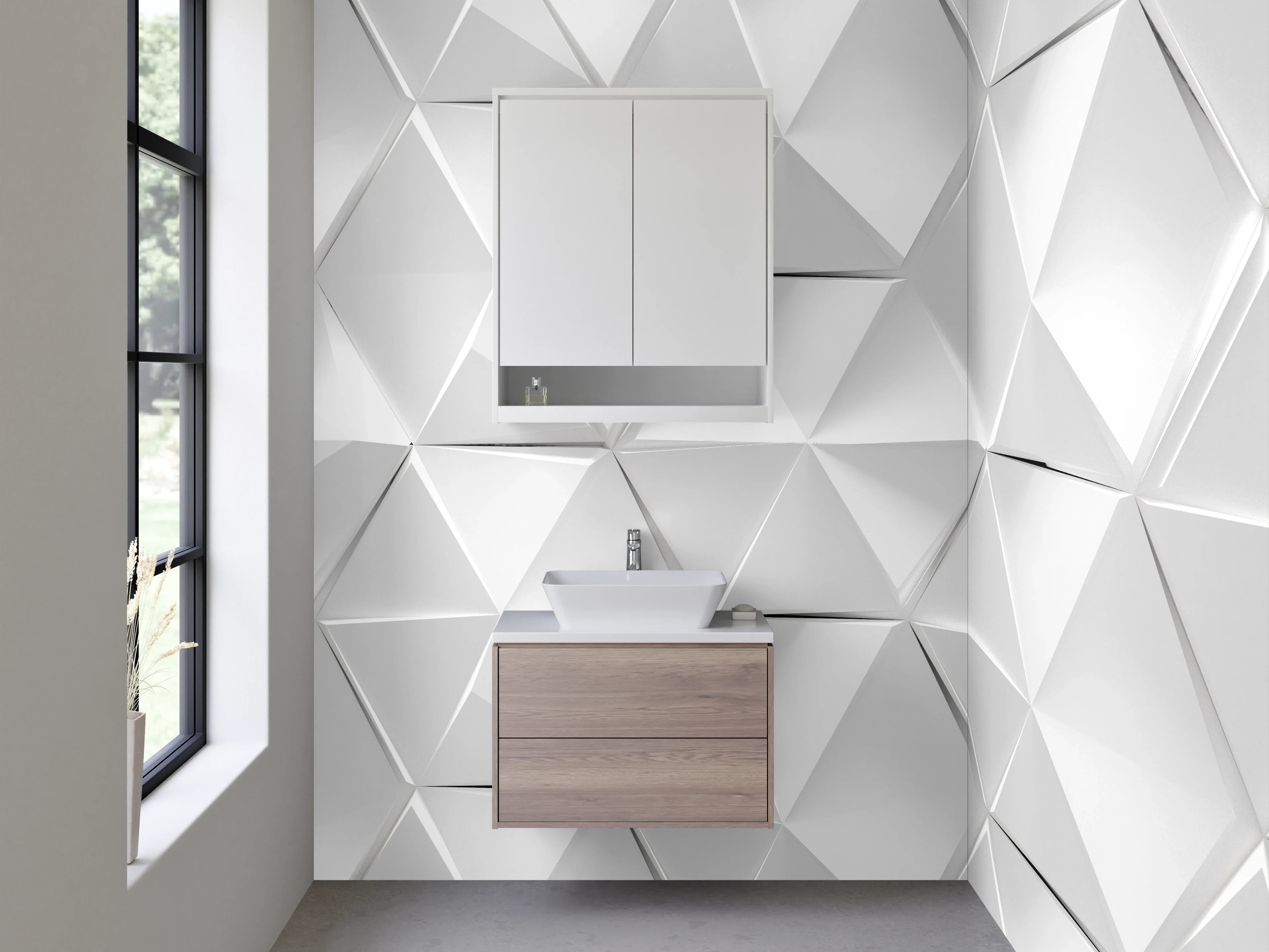 Waschbecken-Rückwand - Grauweißes 3D-Geometrie-Design