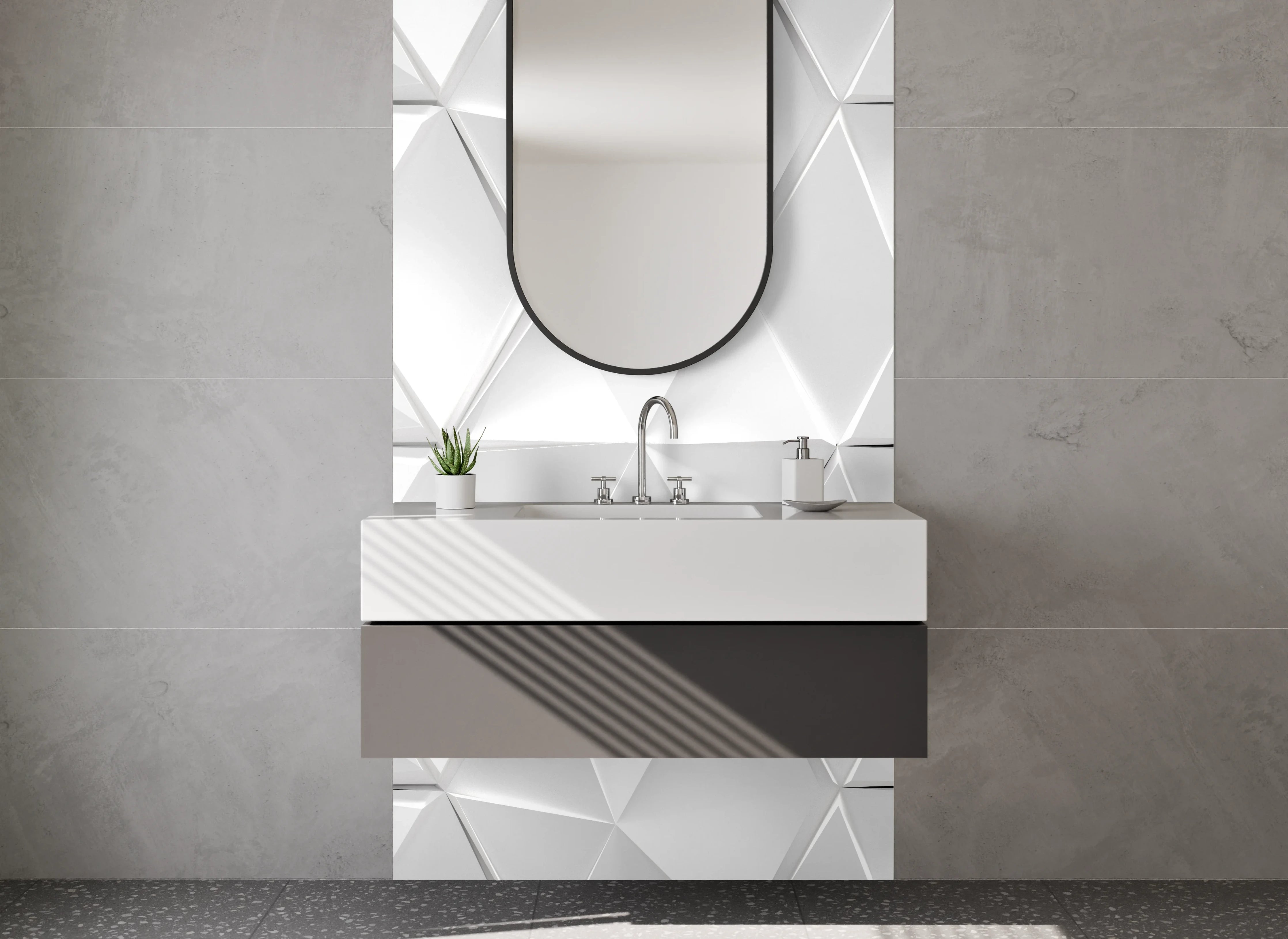 Waschbecken-Rückwand - Grauweißes 3D-Geometrie-Design