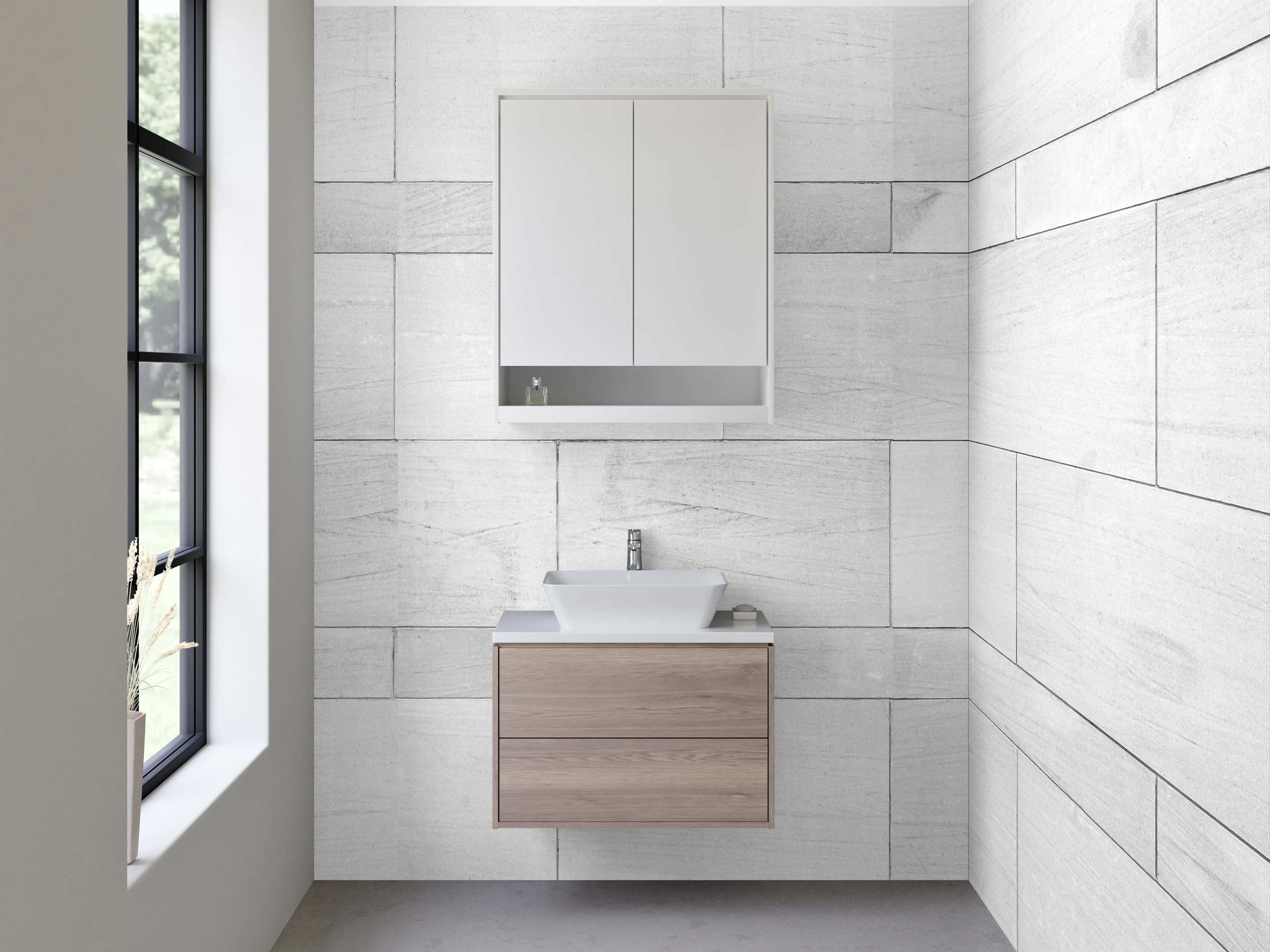 Waschbecken-Rückwand - Grauweißes Fliesendesign im Minimalstil