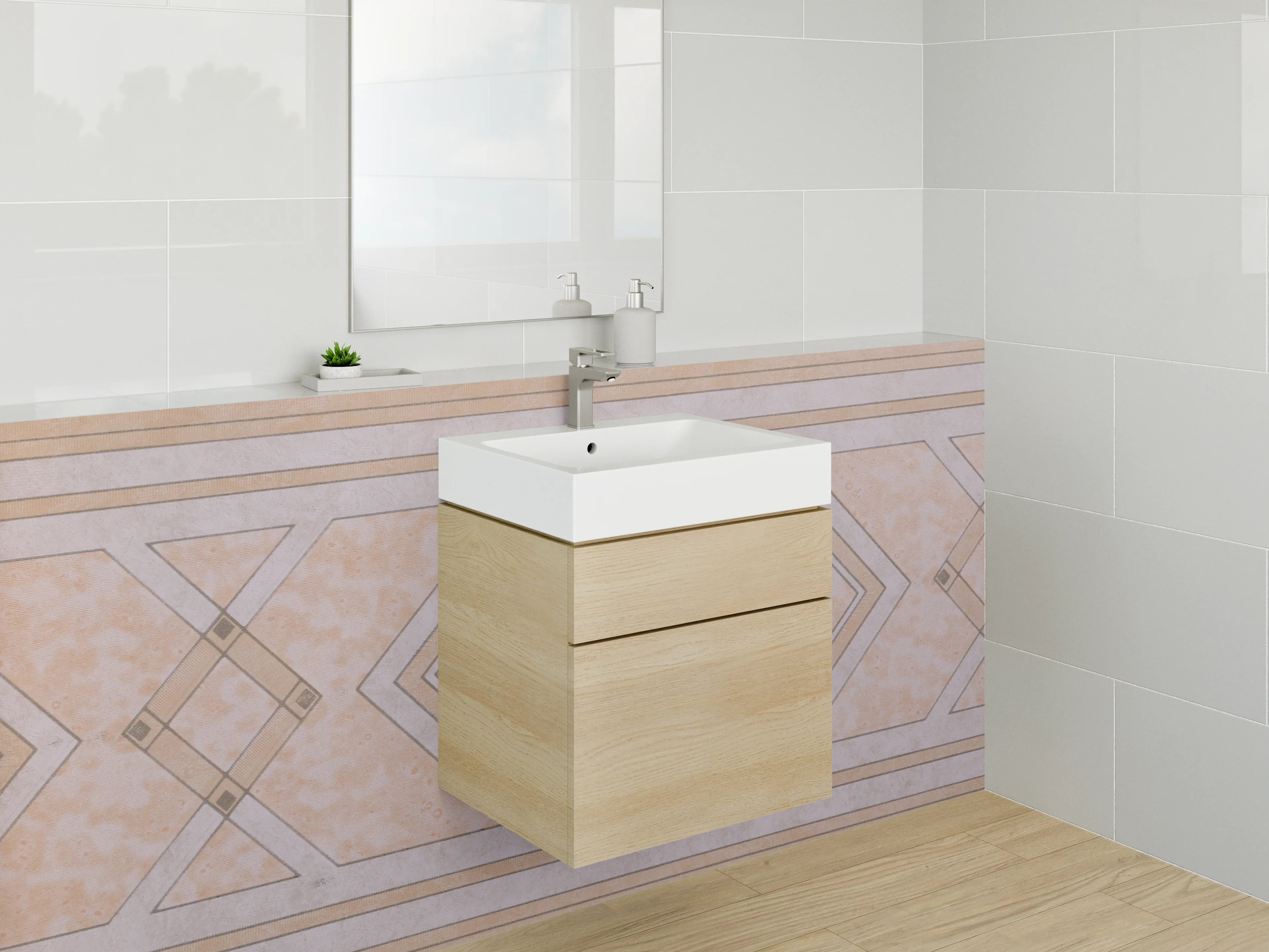 Waschbecken-Rückwand - Grauweißes Geometrie-Mosaik Design