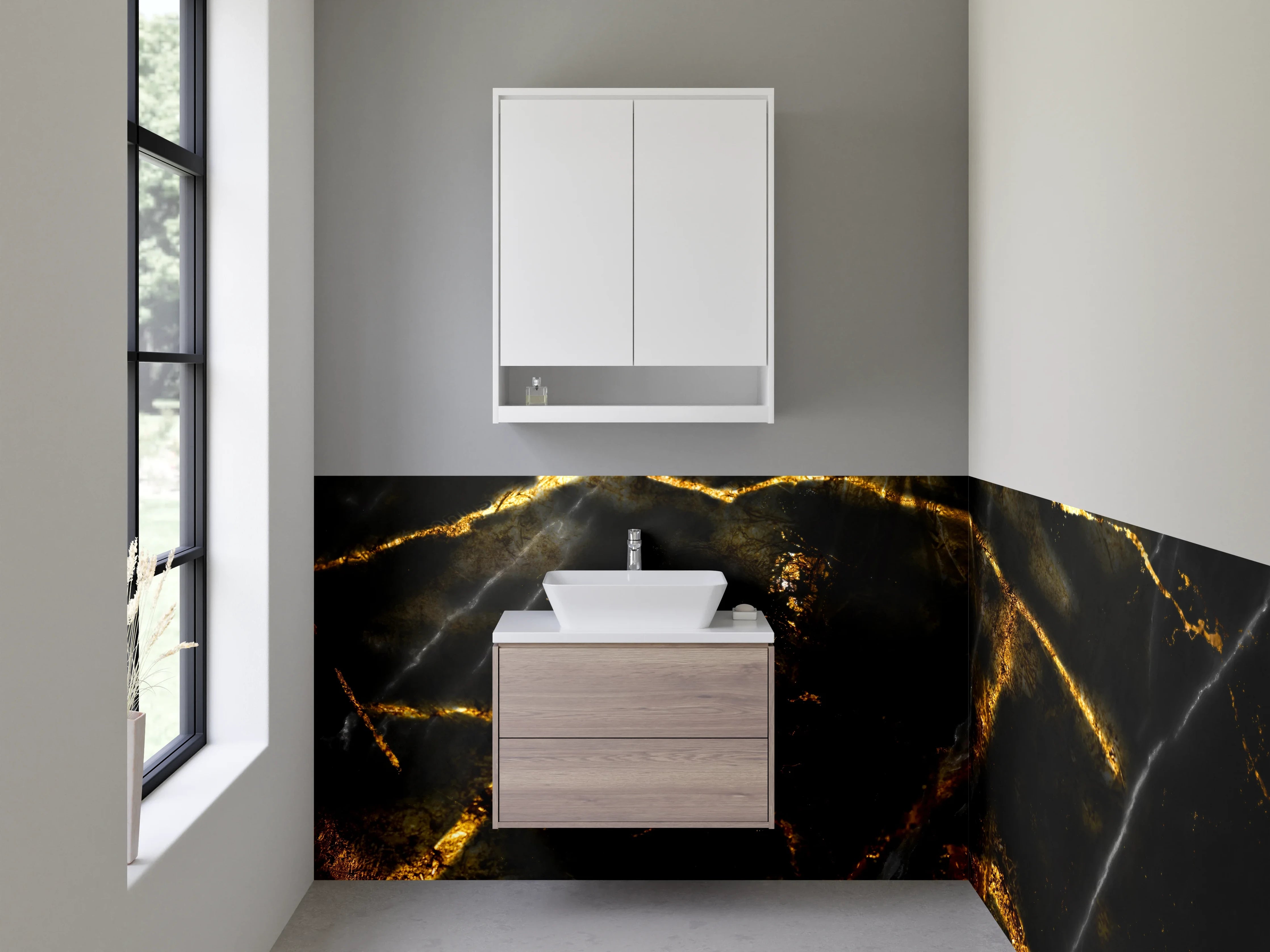 Waschbecken-Rückwand - Grauweißes Gestein mit Goldadern