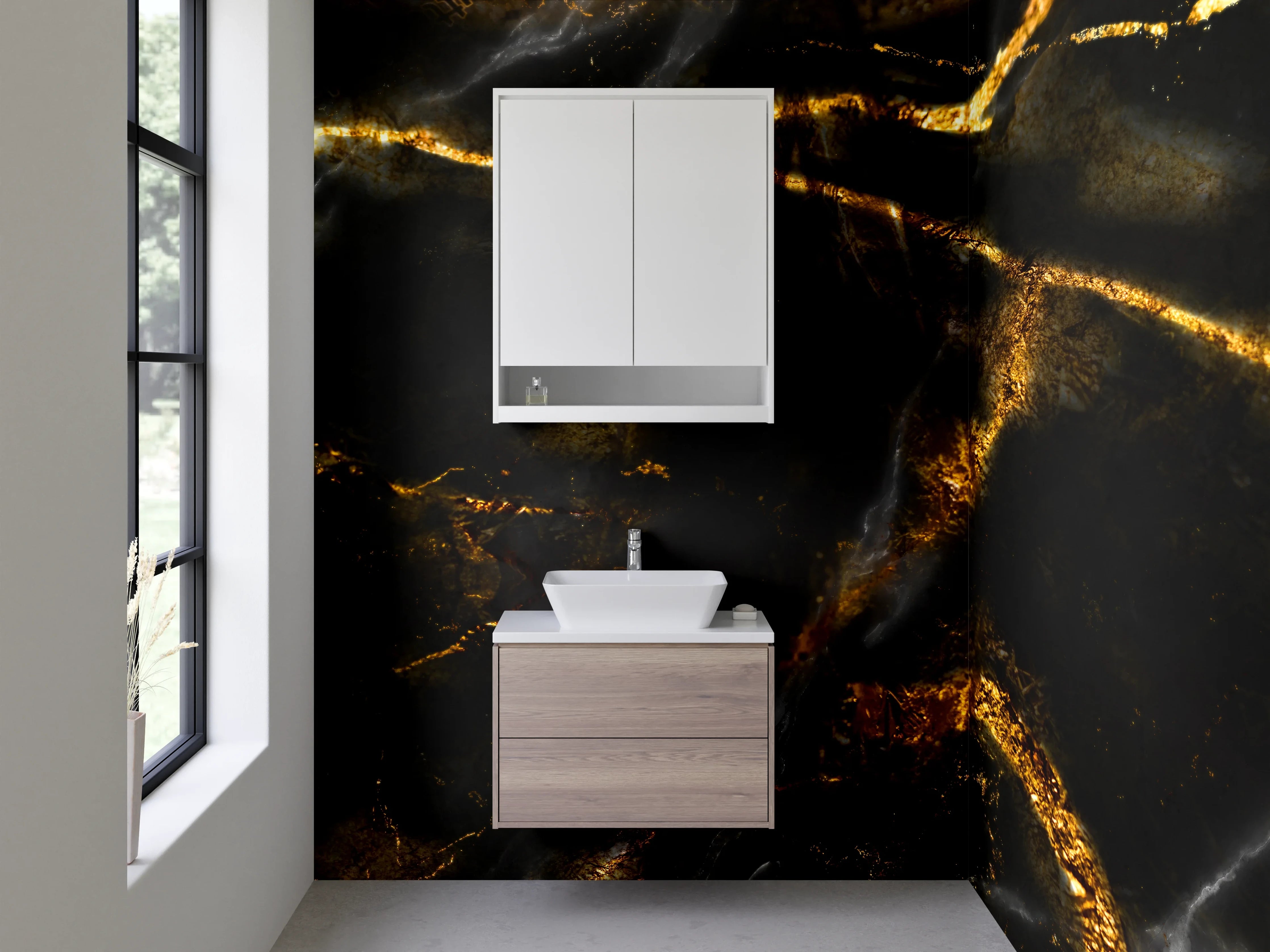 Waschbecken-Rückwand - Grauweißes Gestein mit Goldadern