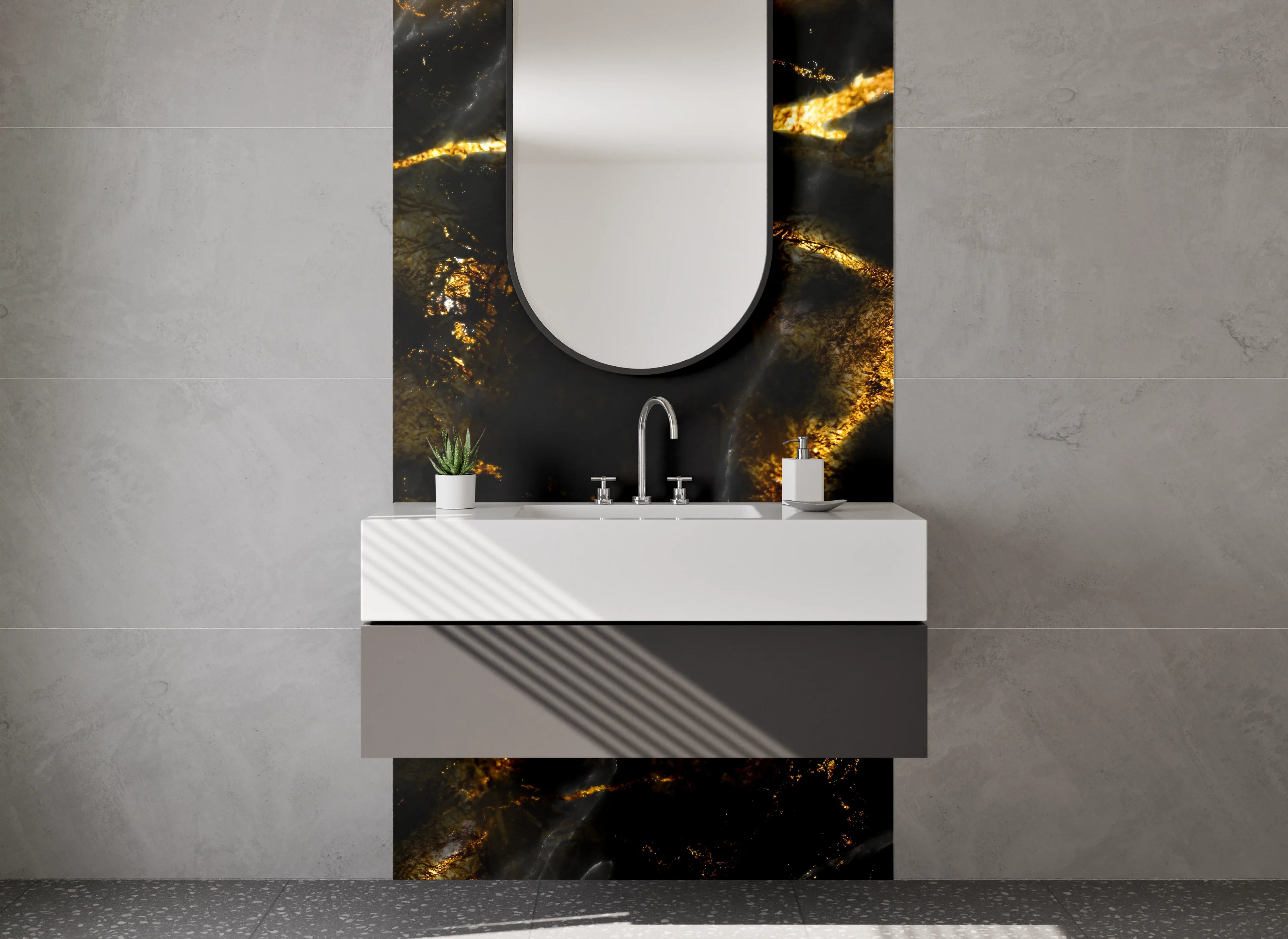 Waschbecken-Rückwand - Grauweißes Gestein mit Goldadern