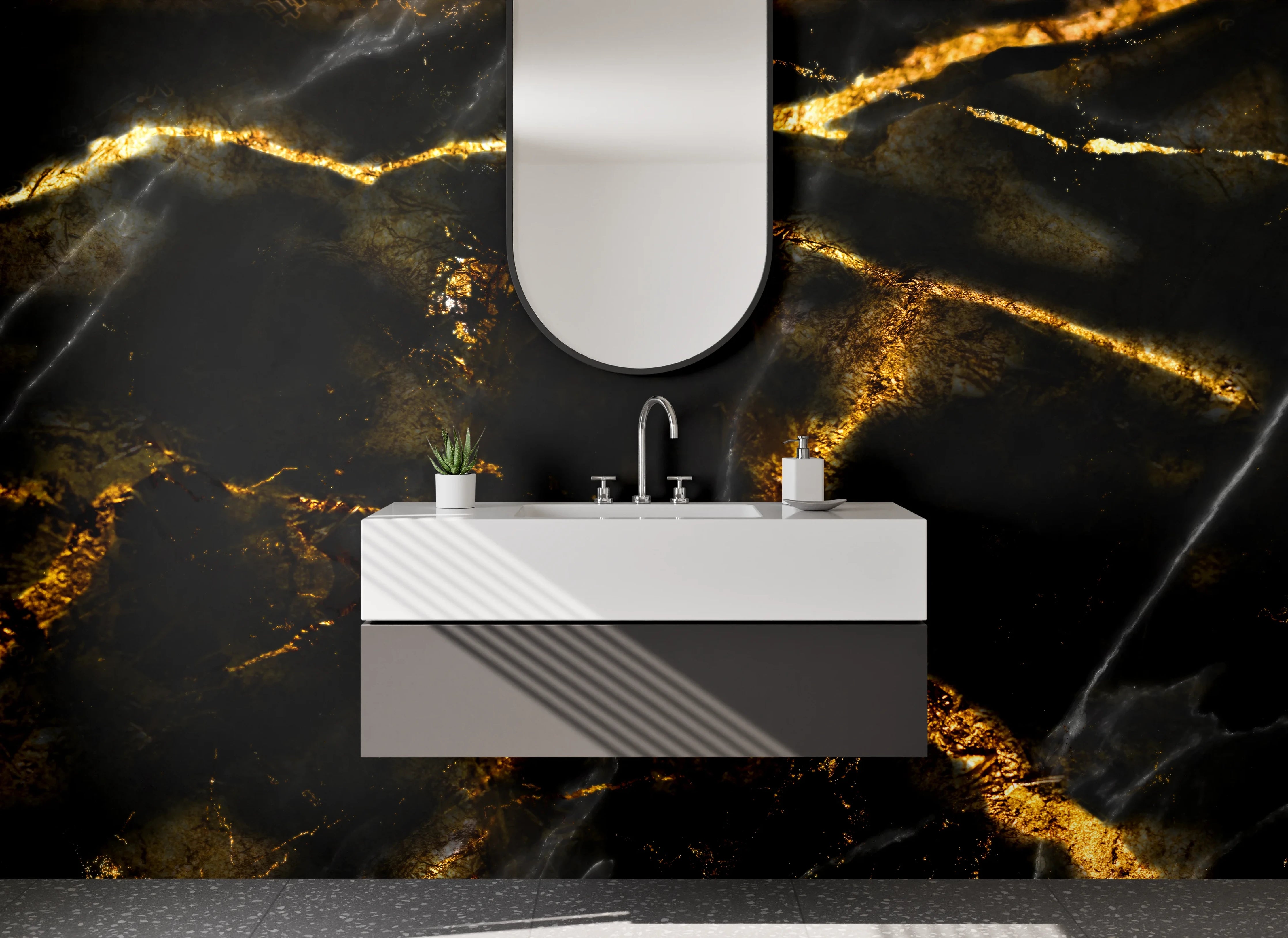 Waschbecken-Rückwand - Grauweißes Gestein mit Goldadern