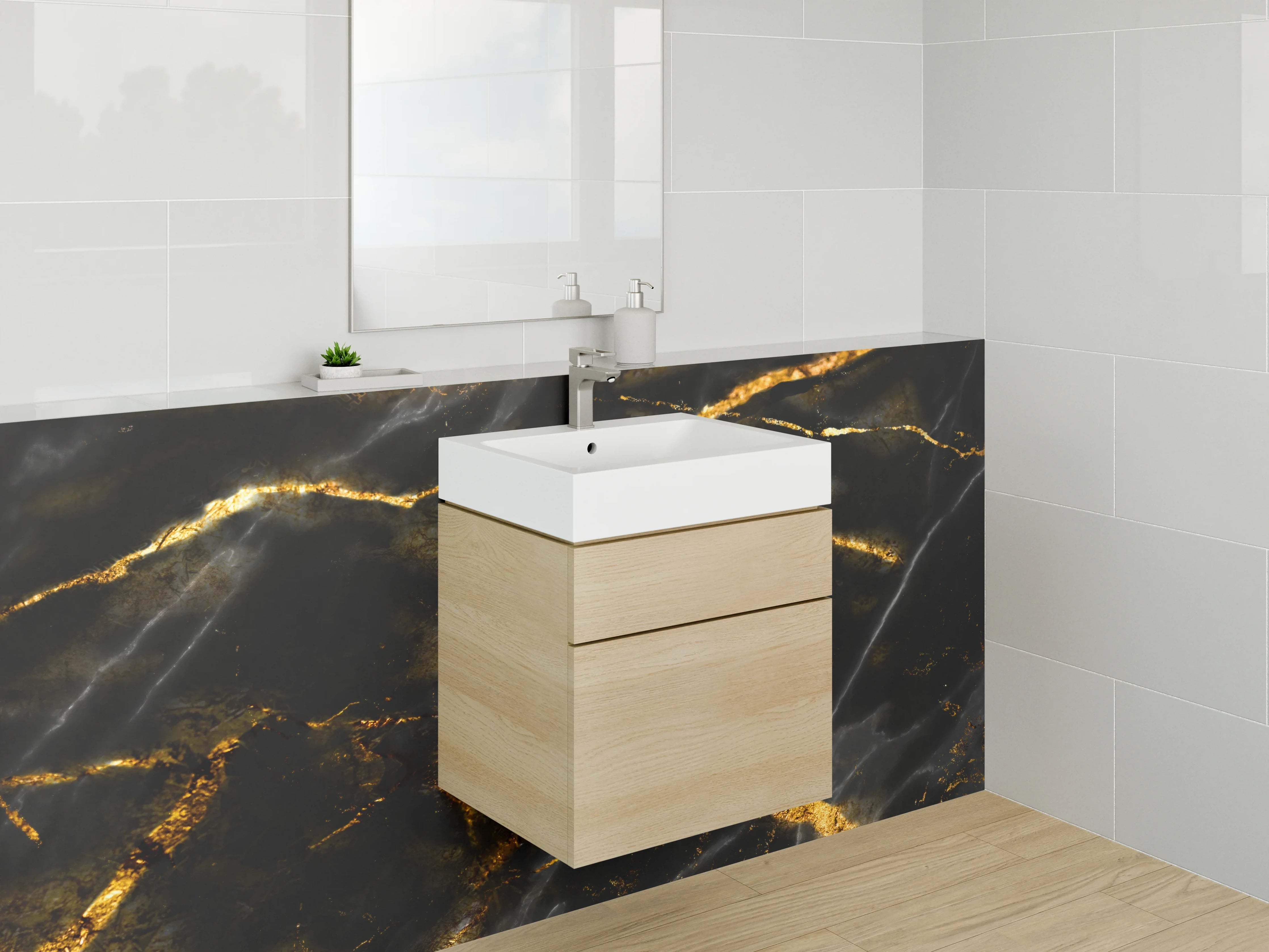 Waschbecken-Rückwand - Grauweißes Gestein mit Goldadern