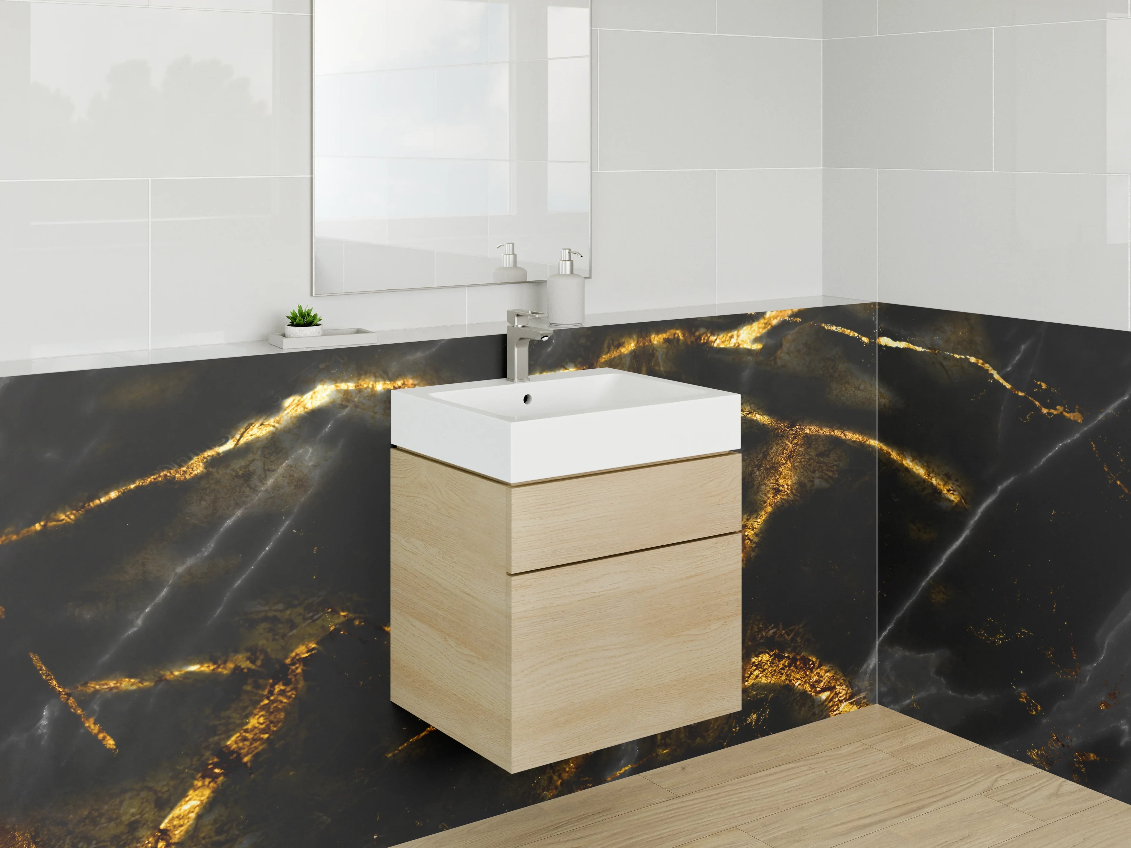 Waschbecken-Rückwand - Grauweißes Gestein mit Goldadern